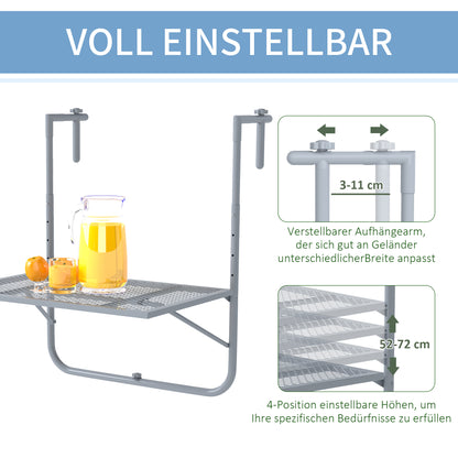 Foldable Hanging Balcony Table – 4-Position Height-Adjustable Metal Clamp-On Railing Table, Weather-Resistant, 23.6 x 15.7 in (60 x 40 cm), Gray