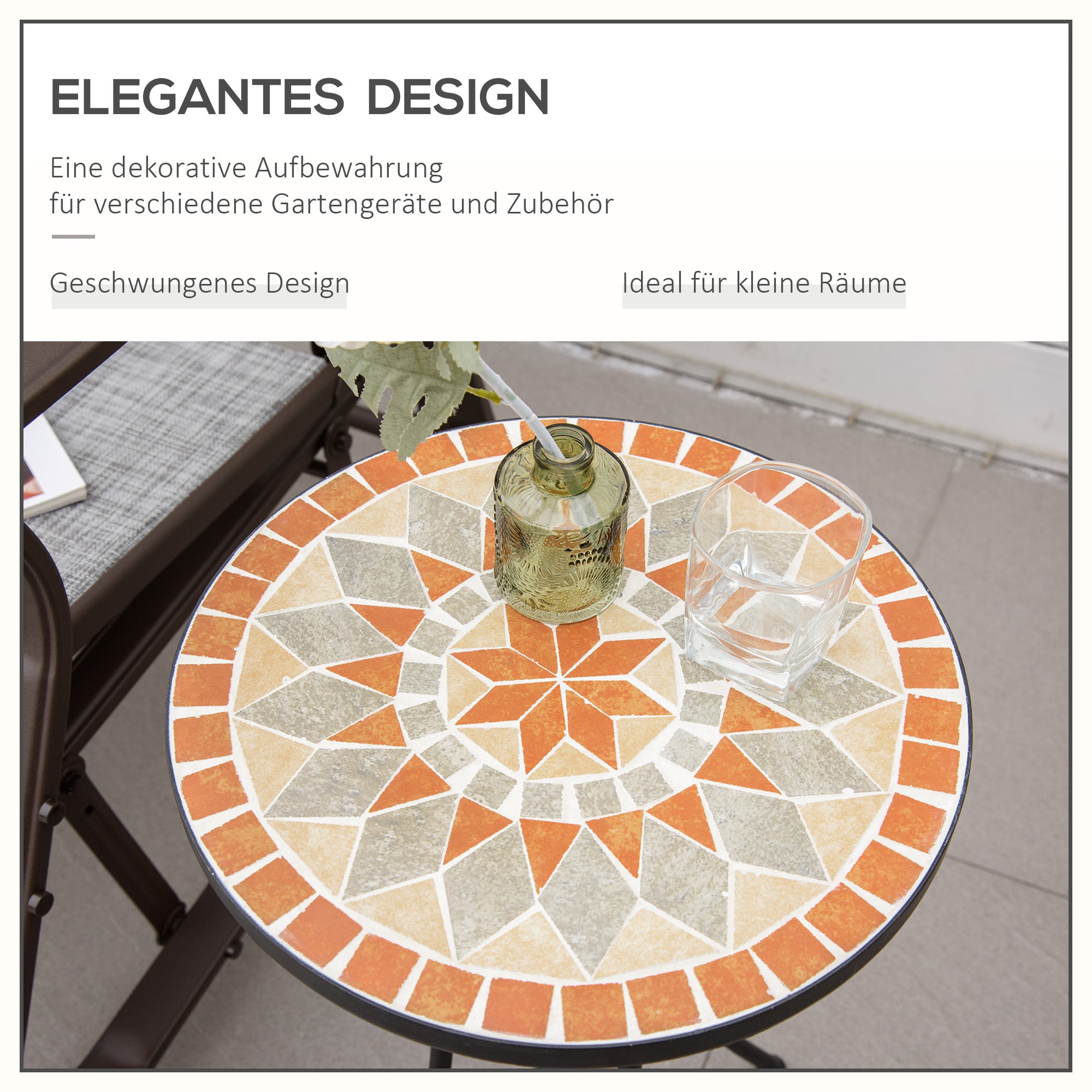 Side Table Garden Table Ø35.5cm Round Weatherproof Mesh-Style Balcony Table with Mosaic Pattern Metal Camping Table Coffee Table for Living Room Office Outdoor Indoor Yellow+Gray