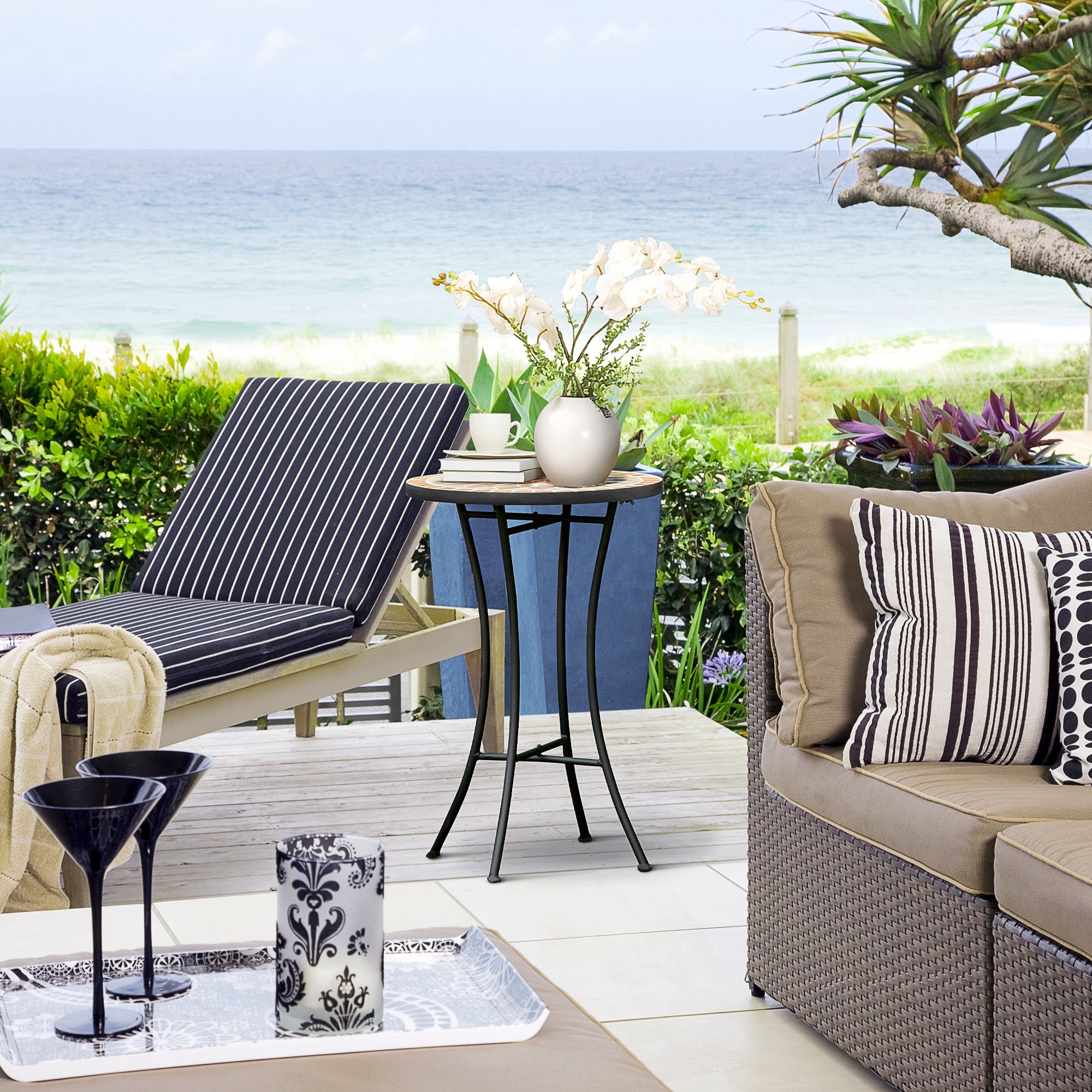 Side Table Garden Table Ø35.5cm Round Weatherproof Mesh-Style Balcony Table with Mosaic Pattern Metal Camping Table Coffee Table for Living Room Office Outdoor Indoor Yellow+Gray