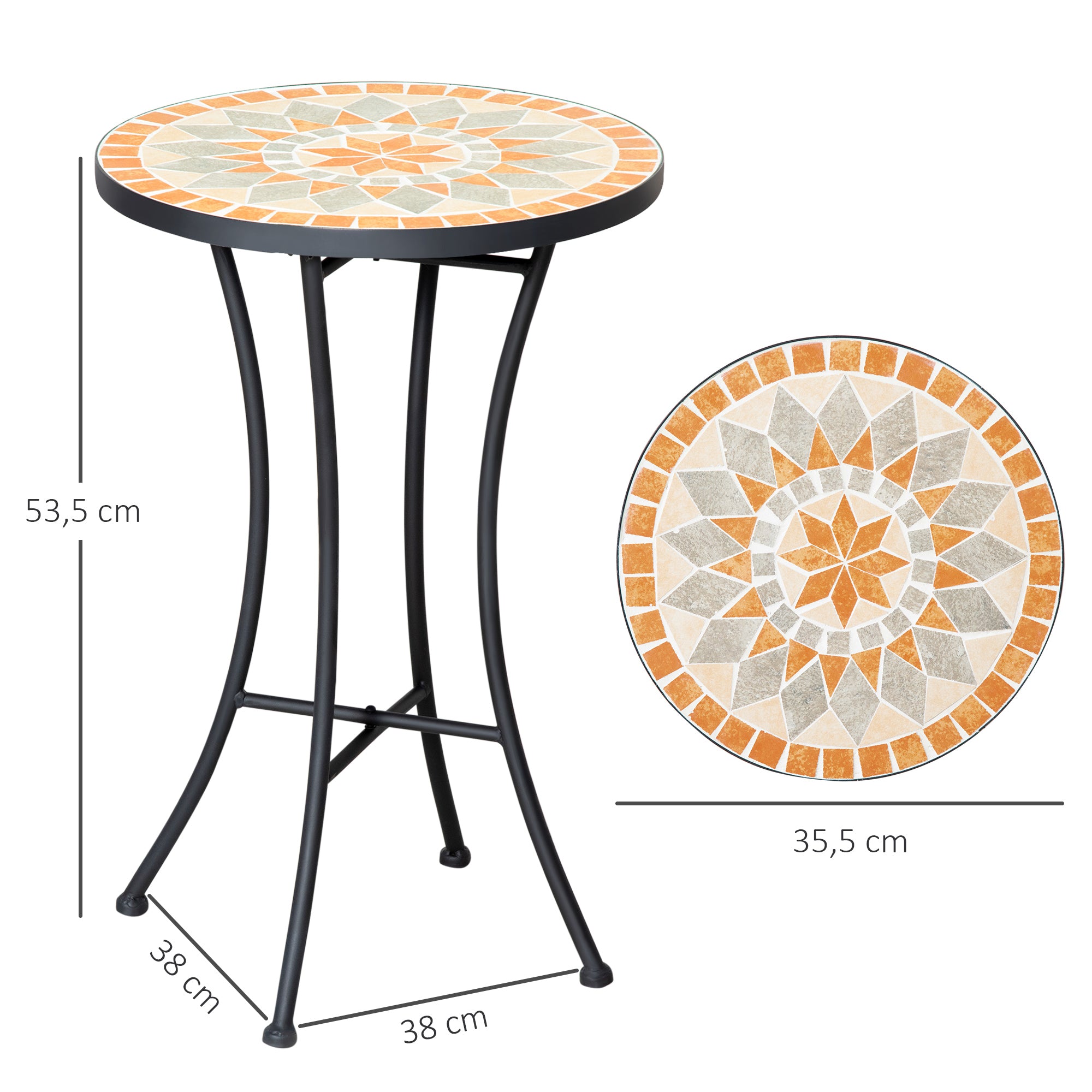 Side Table Garden Table Ø35.5cm Round Weatherproof Mesh-Style Balcony Table with Mosaic Pattern Metal Camping Table Coffee Table for Living Room Office Outdoor Indoor Yellow+Gray