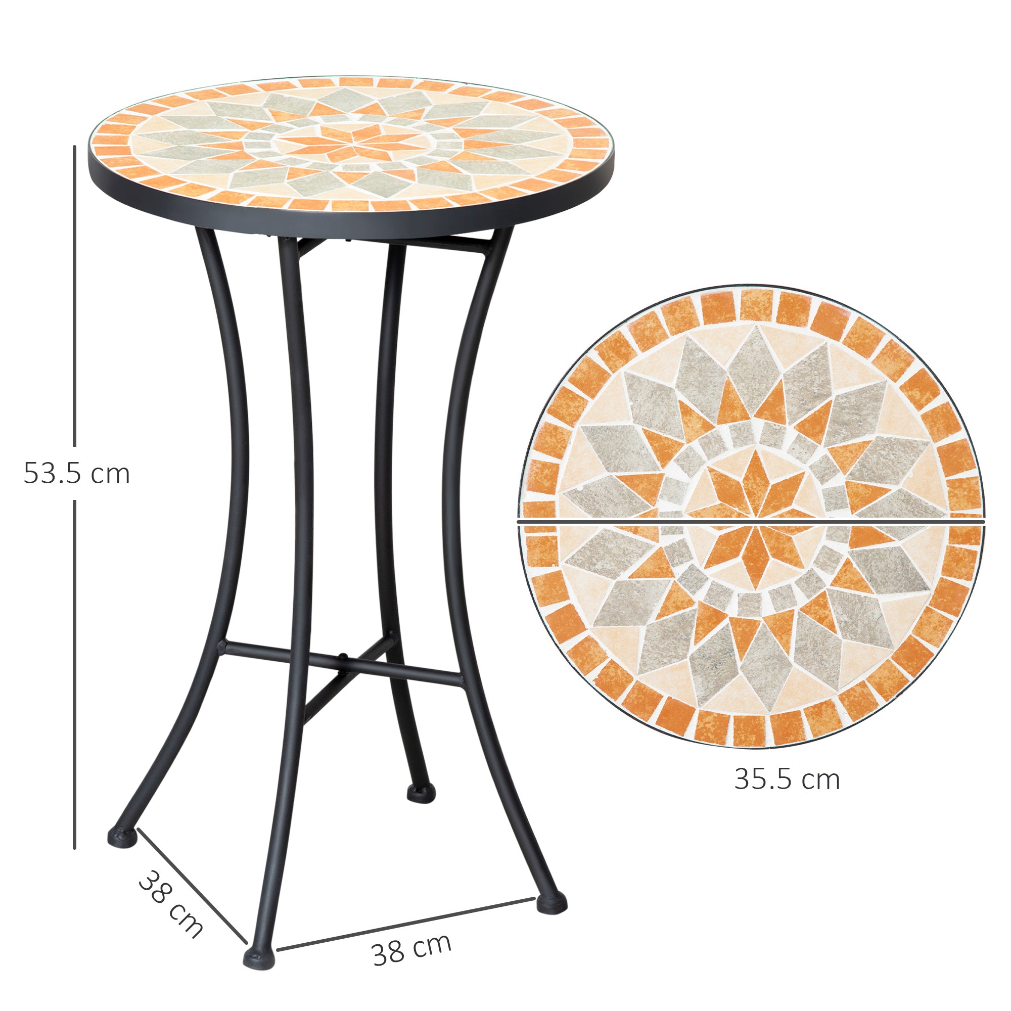 Side Table Garden Table Ø35.5cm Round Weatherproof Mesh-Style Balcony Table with Mosaic Pattern Metal Camping Table Coffee Table for Living Room Office Outdoor Indoor Yellow+Gray