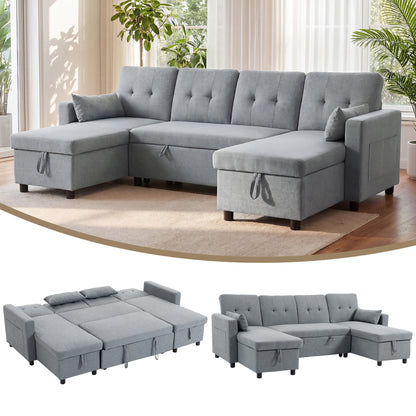 U-Shaped 4-Seater Sectional Sofa Bed with Storage — 3-in-1 Convertible Couch with Chaise, Adjustable Backrests, Linen-Look, Gray