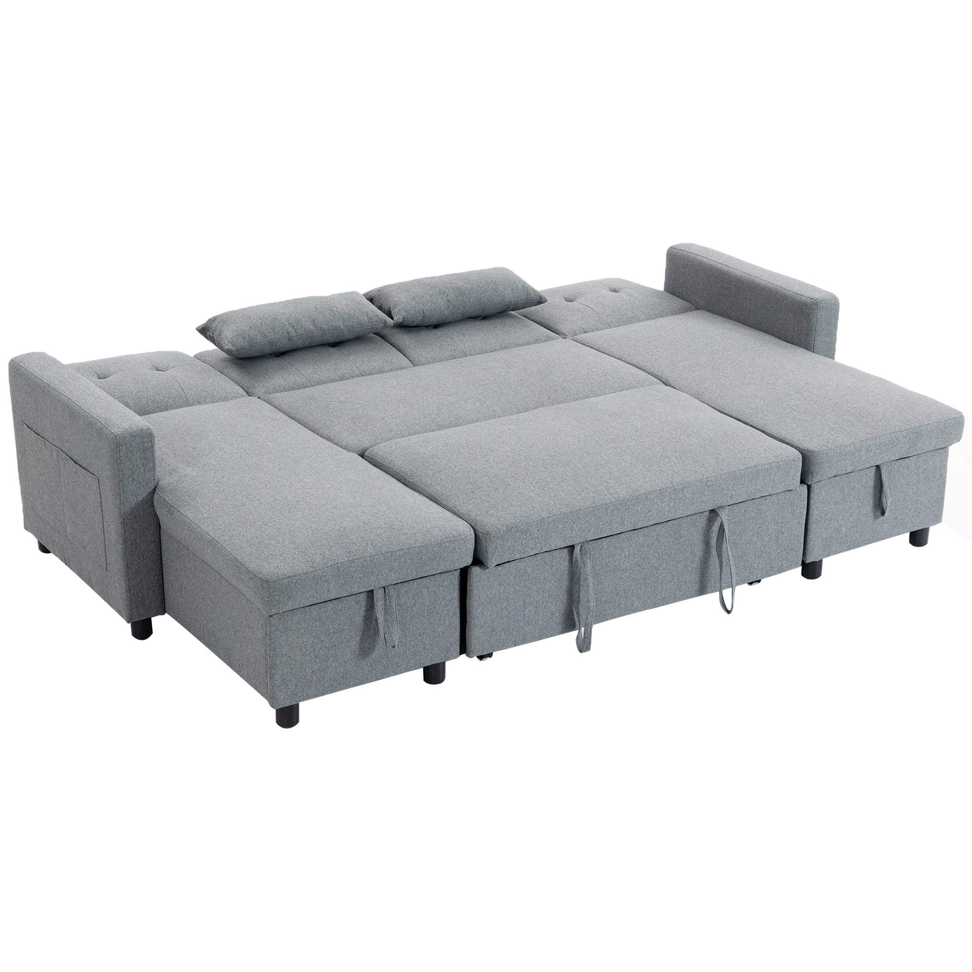 U-Shaped 4-Seater Sectional Sofa Bed with Storage — 3-in-1 Convertible Couch with Chaise, Adjustable Backrests, Linen-Look, Gray