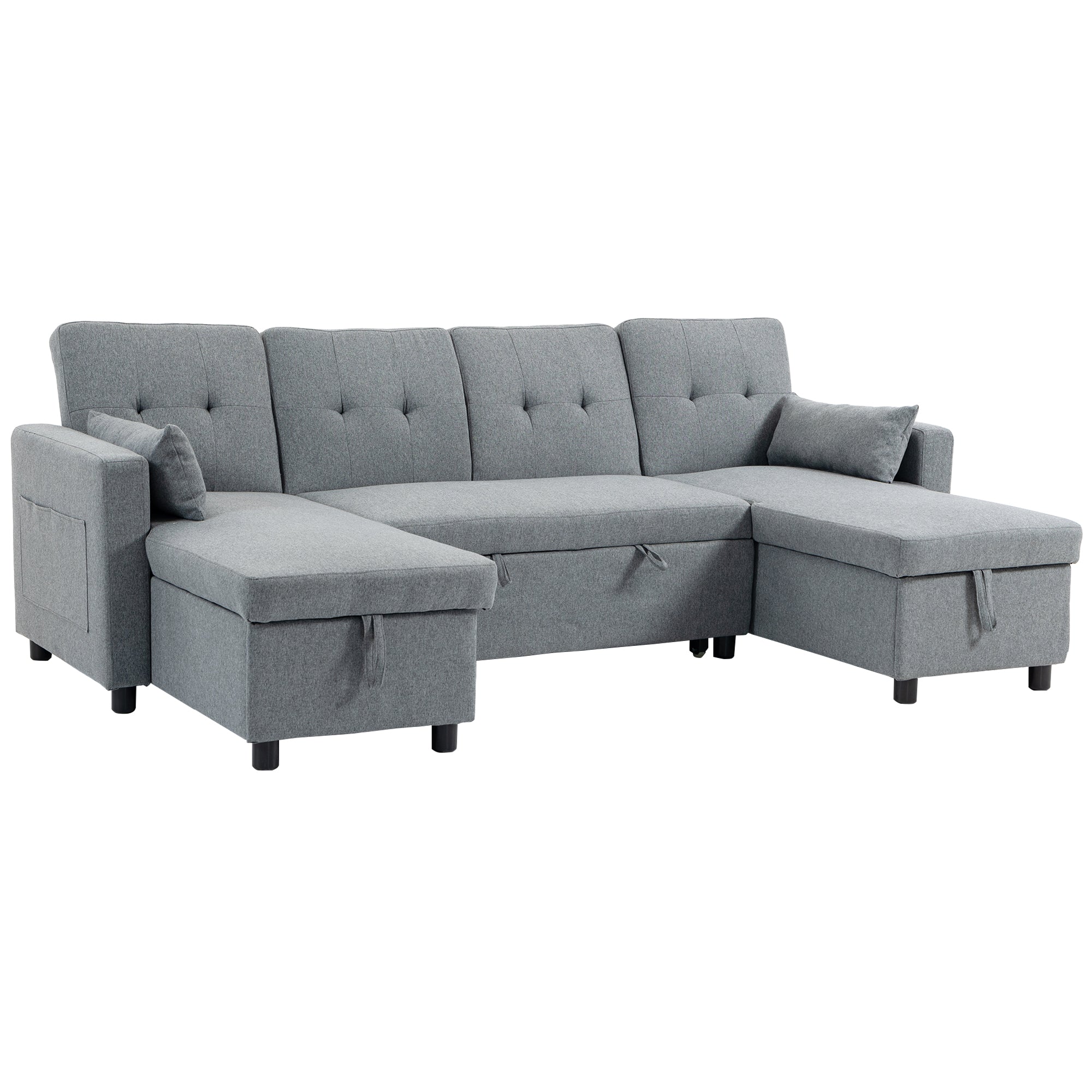 U-Shaped 4-Seater Sectional Sofa Bed with Storage — 3-in-1 Convertible Couch with Chaise, Adjustable Backrests, Linen-Look, Gray