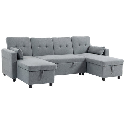 U-Shaped 4-Seater Sectional Sofa Bed with Storage — 3-in-1 Convertible Couch with Chaise, Adjustable Backrests, Linen-Look, Gray