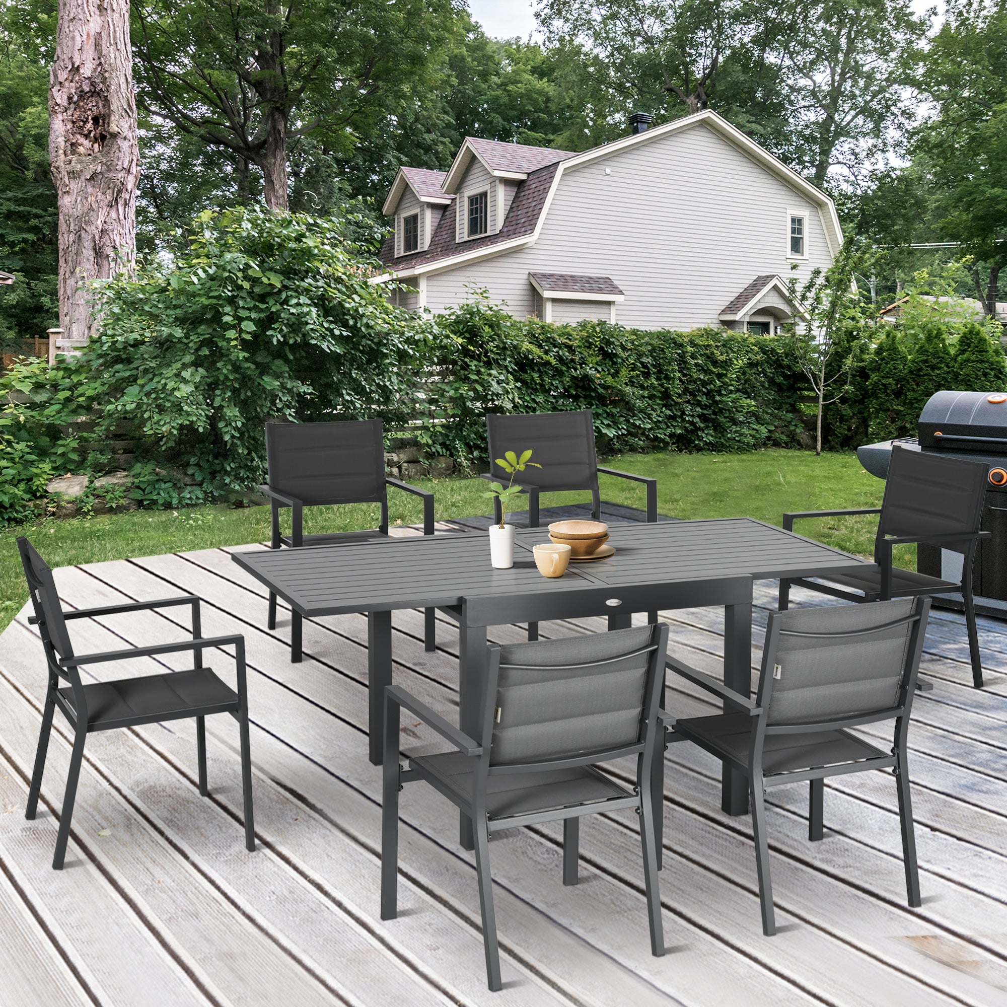 7-Piece Aluminum Outdoor Dining Set with Extendable Table and 6 Stackable Chairs with Texteline Seat 90-180x89x74 cm Gray