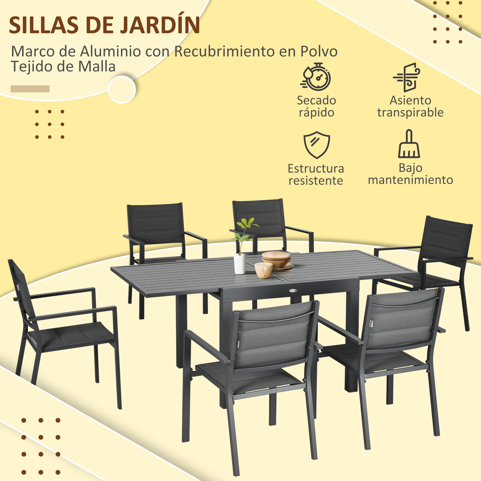 7-Piece Aluminum Outdoor Dining Set with Extendable Table and 6 Stackable Chairs with Texteline Seat 90-180x89x74 cm Gray