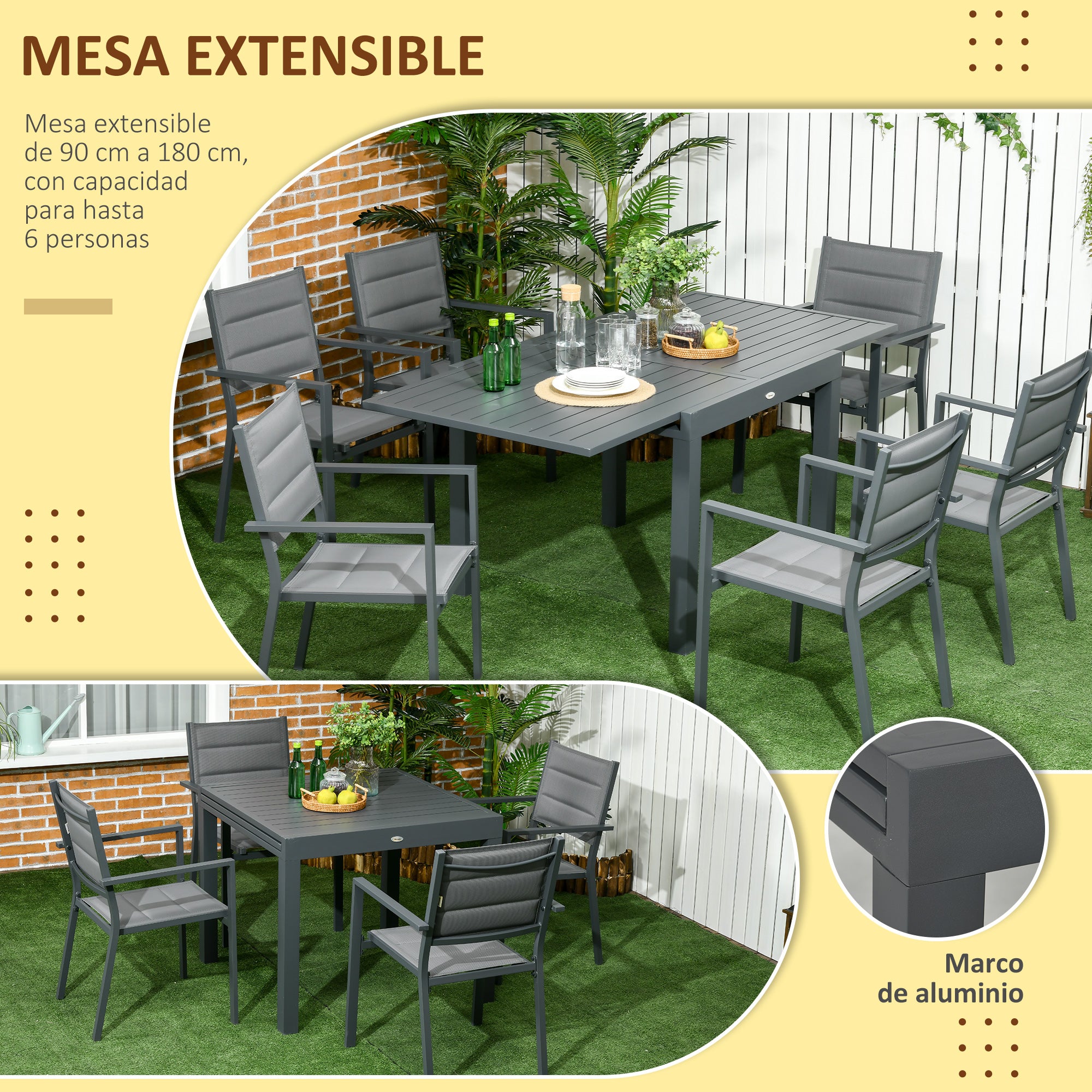 7-Piece Aluminum Outdoor Dining Set with Extendable Table and 6 Stackable Chairs with Texteline Seat 90-180x89x74 cm Gray