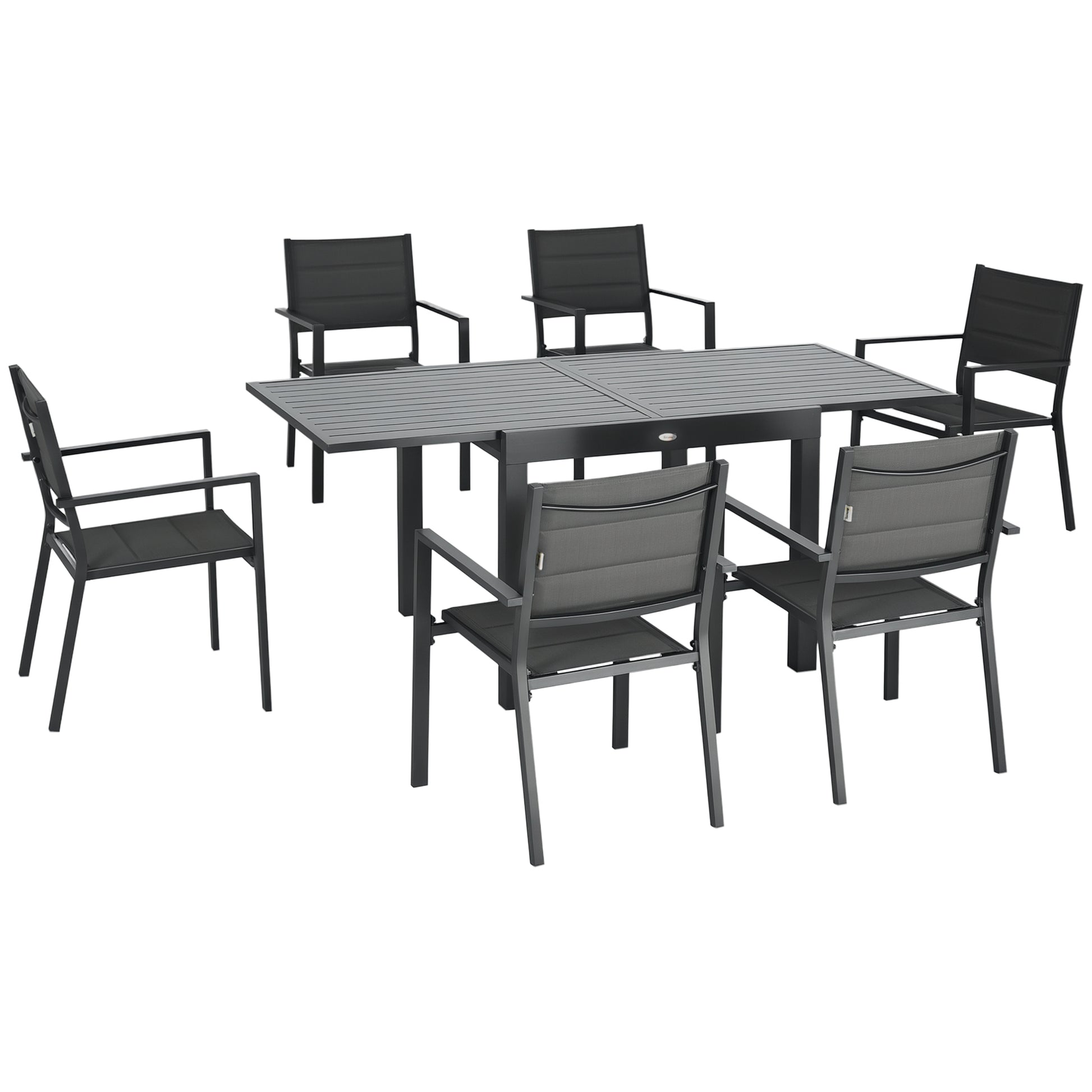 7-Piece Aluminum Outdoor Dining Set with Extendable Table and 6 Stackable Chairs with Texteline Seat 90-180x89x74 cm Gray