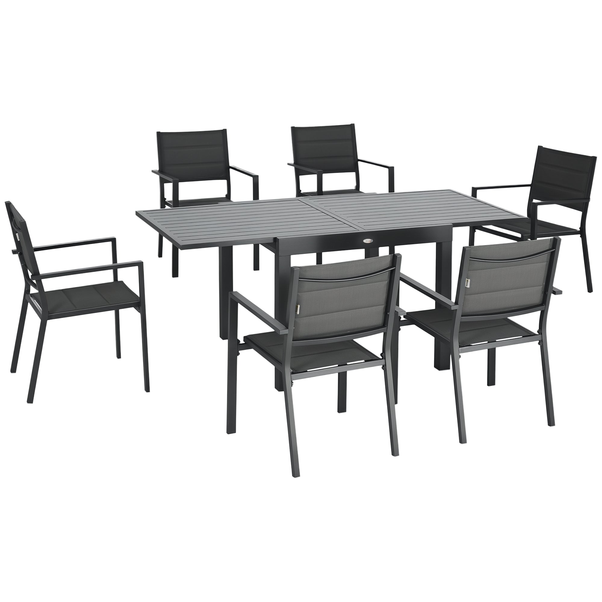 7-Piece Aluminum Outdoor Dining Set with Extendable Table and 6 Stackable Chairs with Texteline Seat 90-180x89x74 cm Gray