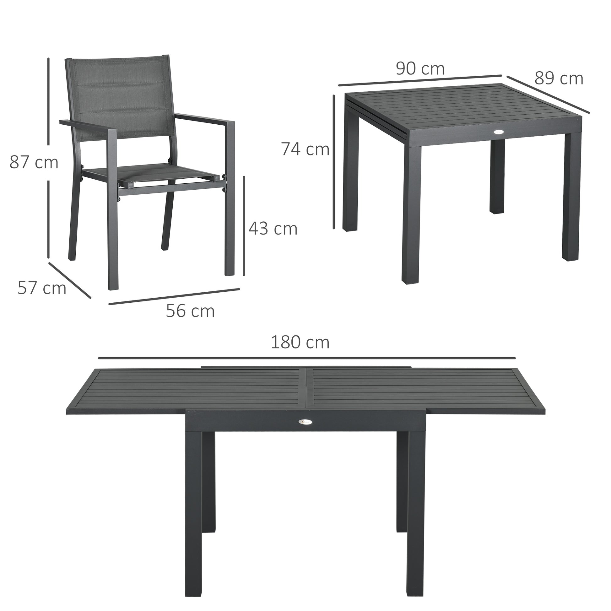 7-Piece Aluminum Outdoor Dining Set with Extendable Table and 6 Stackable Chairs with Texteline Seat 90-180x89x74 cm Gray