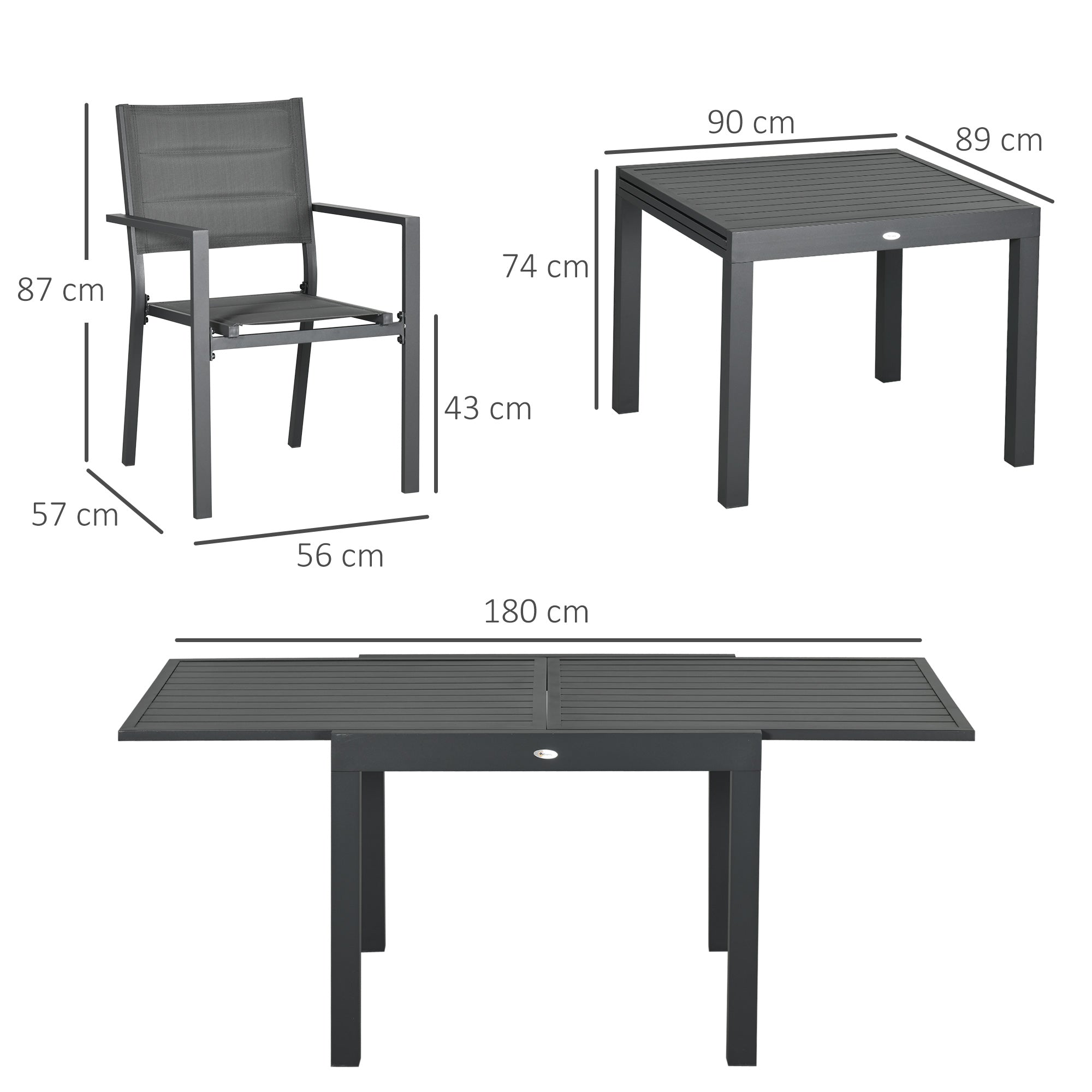 7-Piece Aluminum Outdoor Dining Set with Extendable Table and 6 Stackable Chairs with Texteline Seat 90-180x89x74 cm Gray