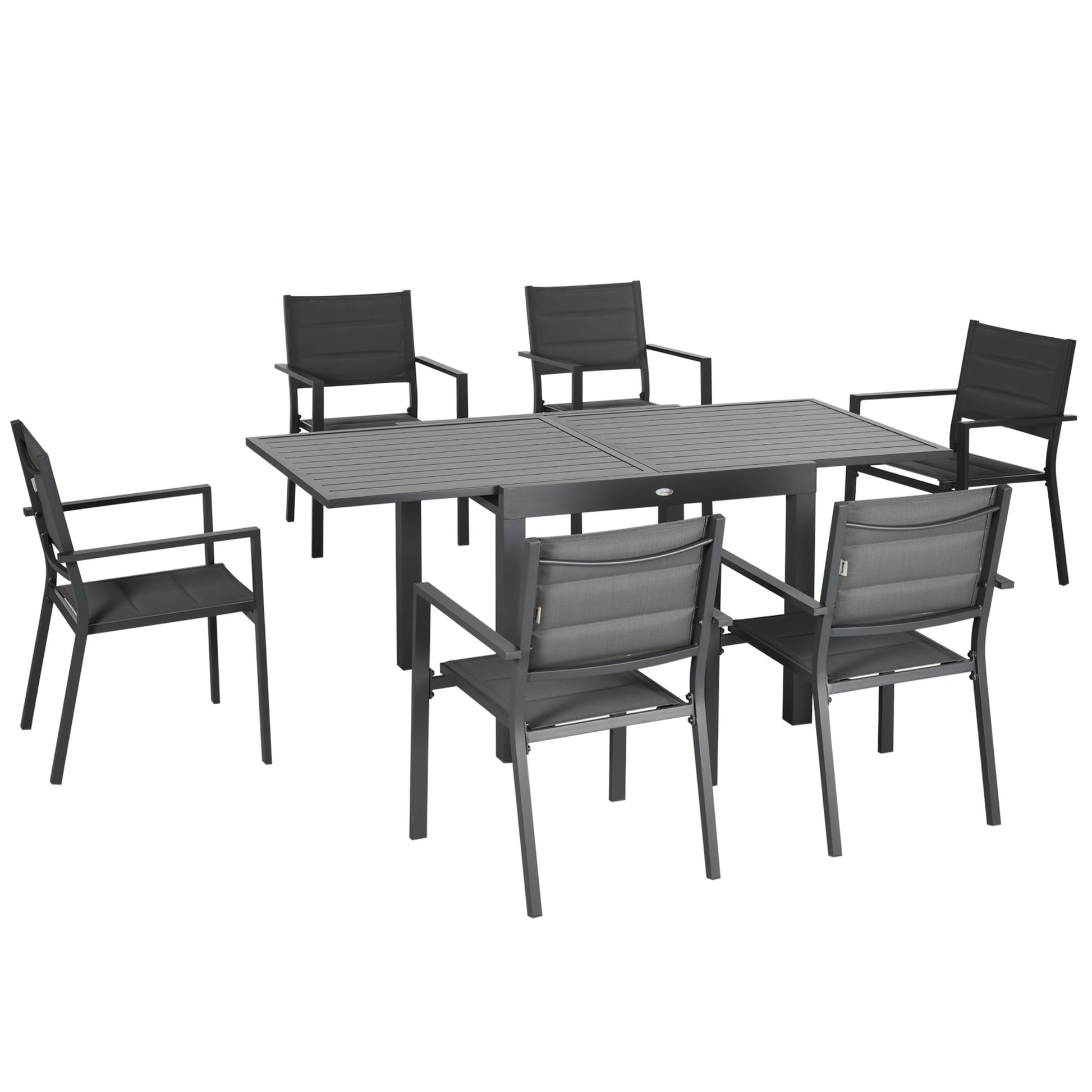 7-Piece Aluminum Outdoor Dining Set with Extendable Table and 6 Stackable Chairs with Texteline Seat 90-180x89x74 cm Gray