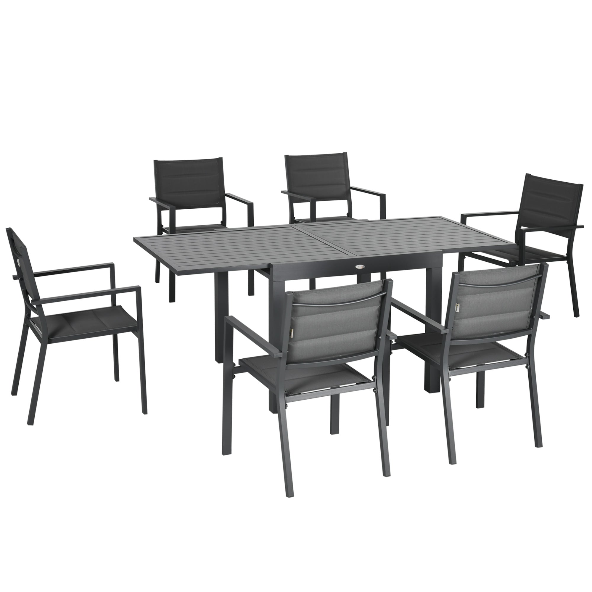 7-Piece Aluminum Outdoor Dining Set with Extendable Table and 6 Stackable Chairs with Texteline Seat 90-180x89x74 cm Gray