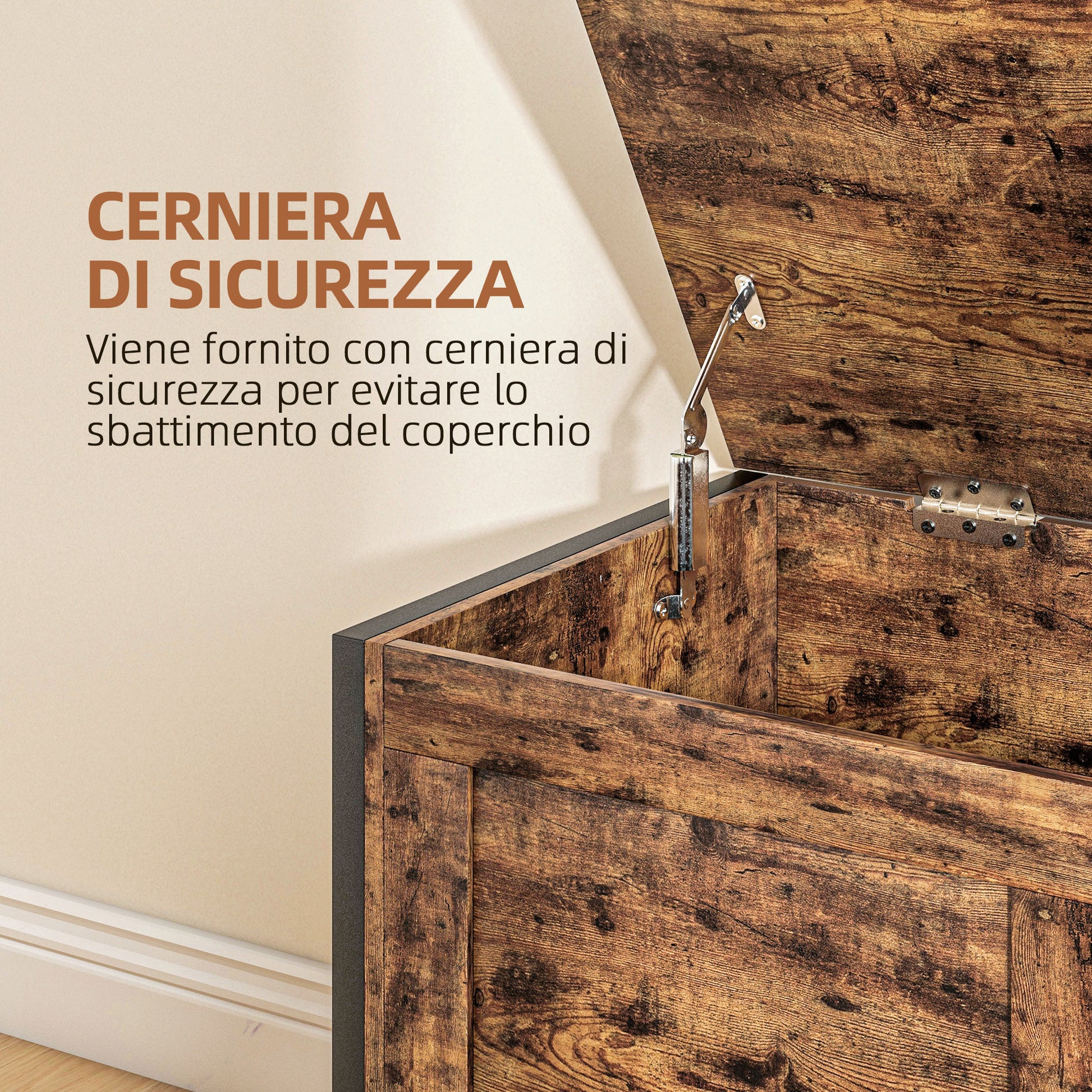95L Industrial Style Storage Chest with Safety Hinged Lid, Multi-Purpose Storage Bench for Living Room and Entryway, 80x40x49cm, Rustic Brown
