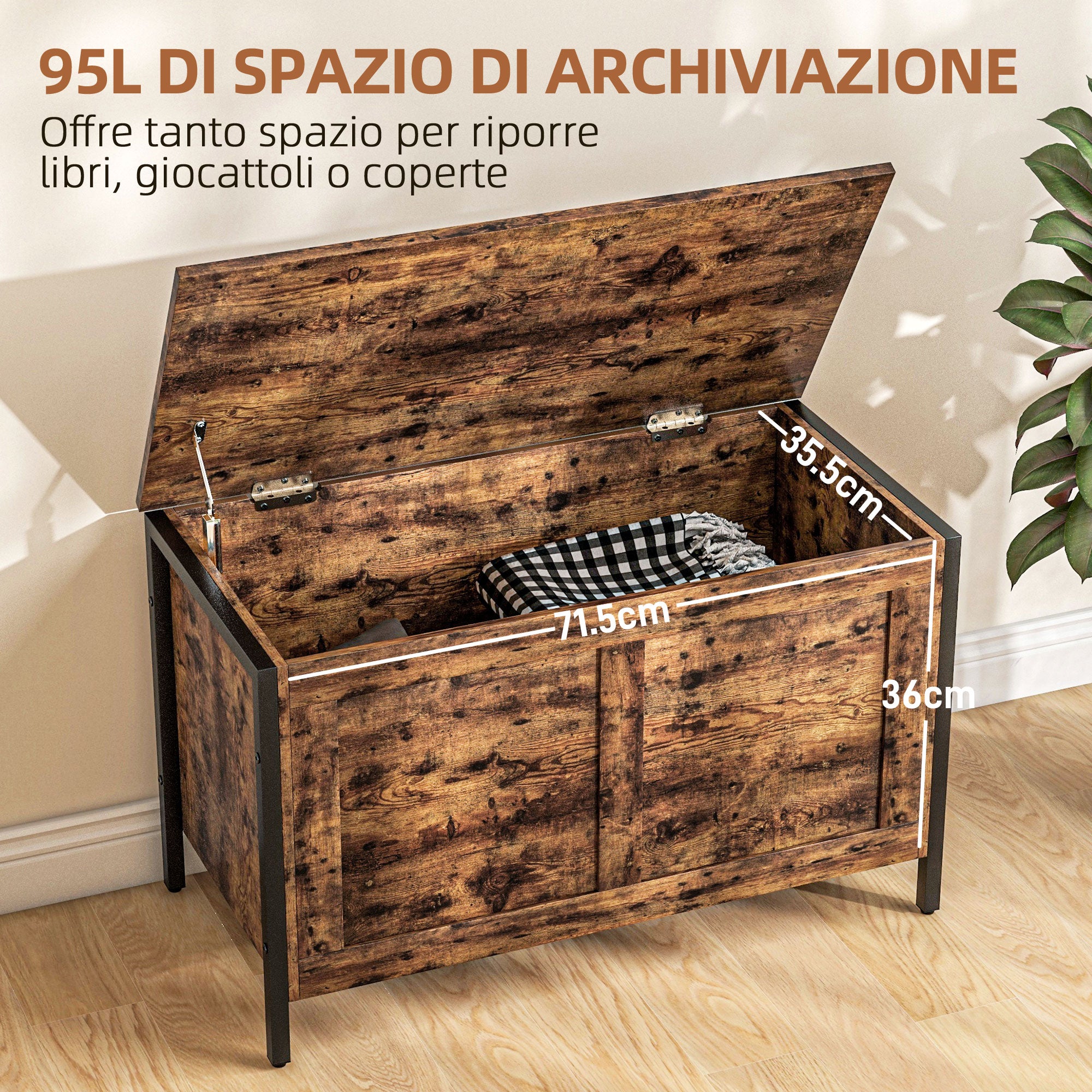 95L Industrial Style Storage Chest with Safety Hinged Lid, Multi-Purpose Storage Bench for Living Room and Entryway, 80x40x49cm, Rustic Brown