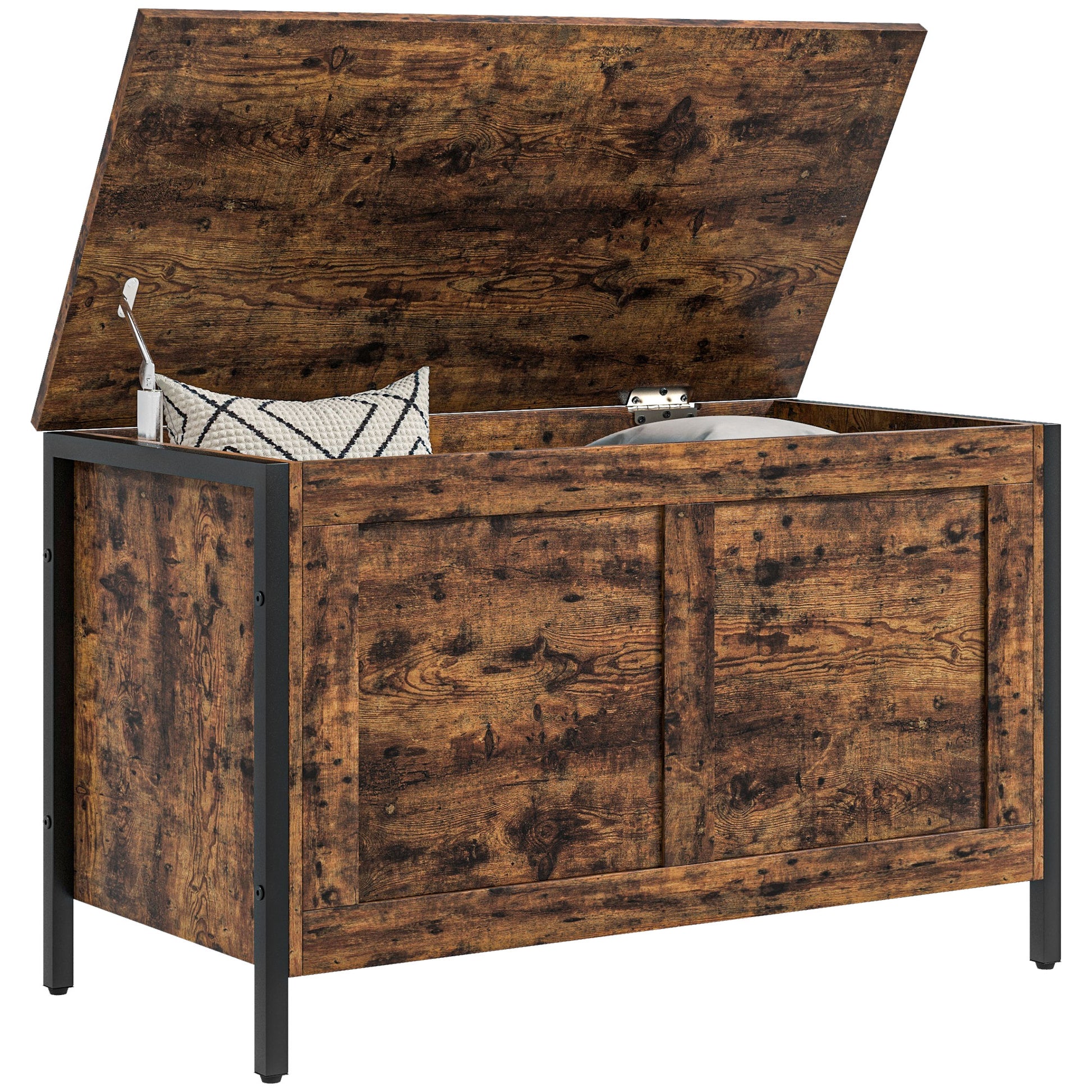 95L Industrial Style Storage Chest with Safety Hinged Lid, Multi-Purpose Storage Bench for Living Room and Entryway, 80x40x49cm, Rustic Brown
