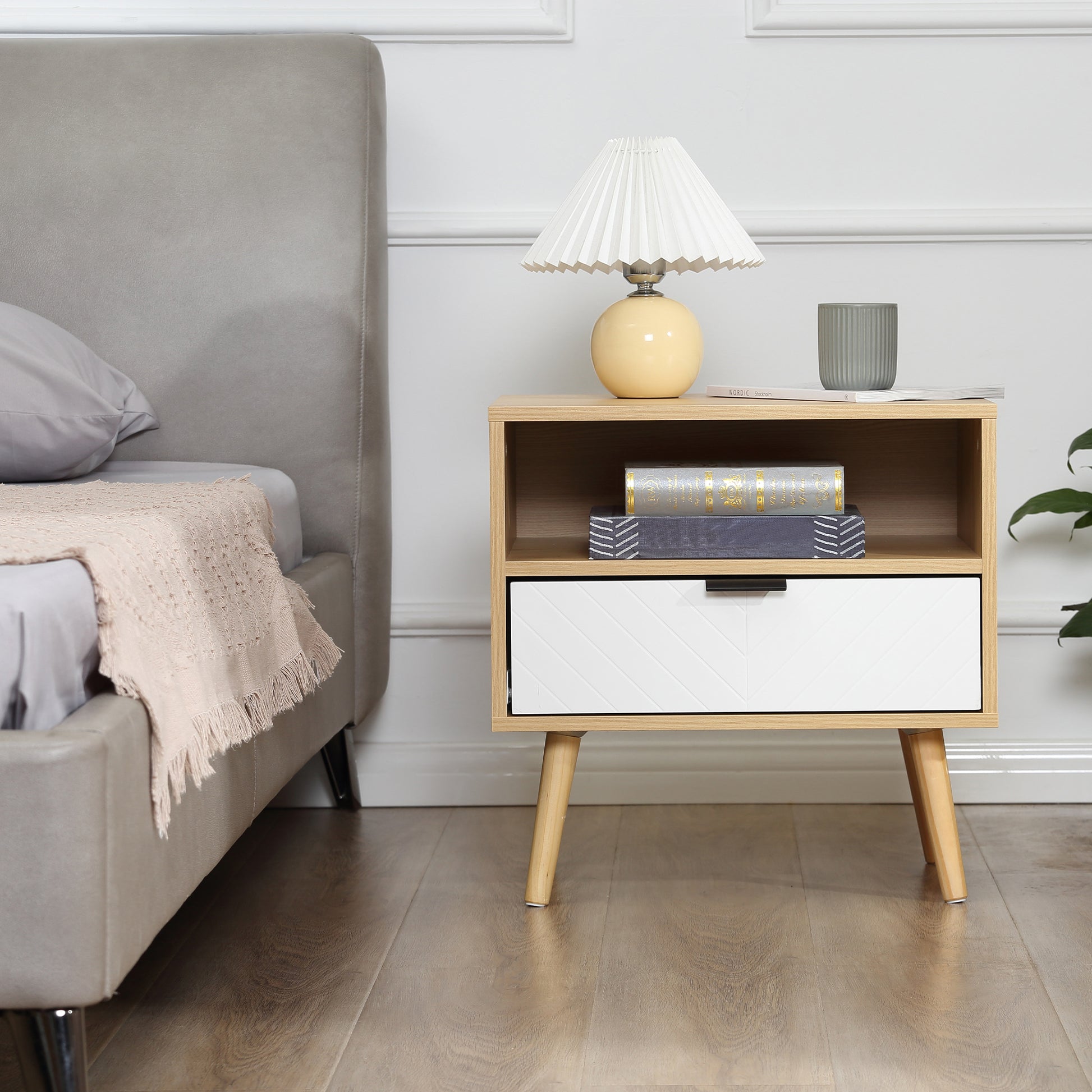 Nightstand Bedside Table with 1 Drawer and 1 Open Shelf for Bedroom Living Room Office Modern Style 50x39.5x49.5 cm Natural Wood