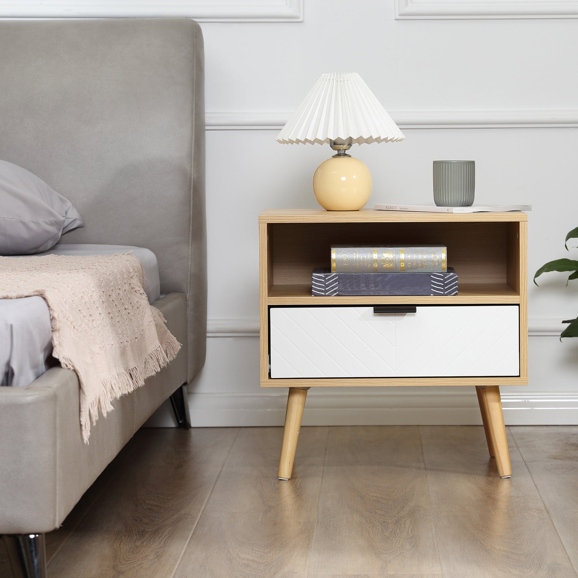 Nightstand Bedside Table with 1 Drawer and 1 Open Shelf for Bedroom Living Room Office Modern Style 50x39.5x49.5 cm Natural Wood