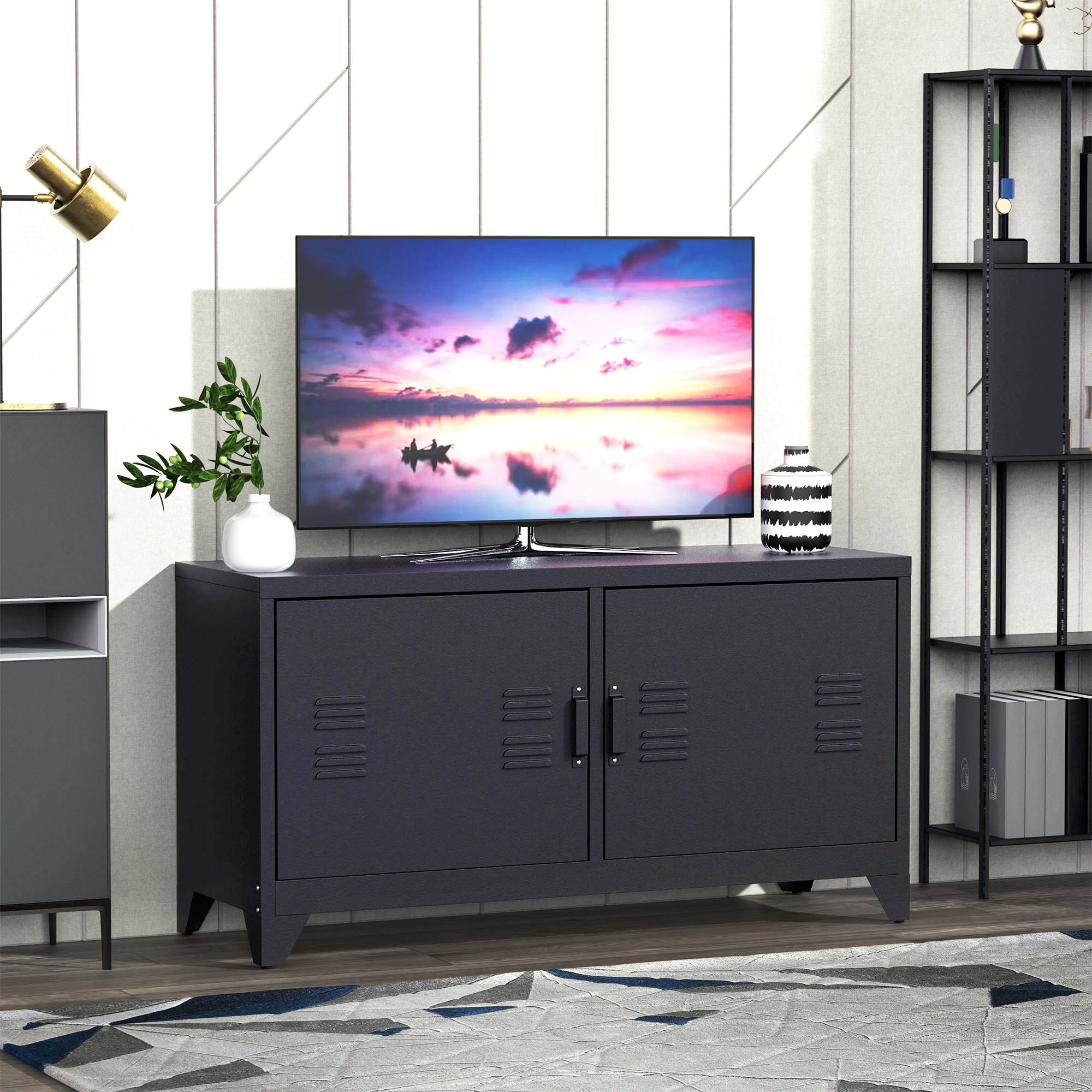 TV Stand, TV Cabinet, Cold-Rolled Steel Structure, 2 Cabinets with 2 Adjustable Shelves, Industrial Design, Television Furniture, Cable Management, 119 x 40 x 63.5 cm, Black