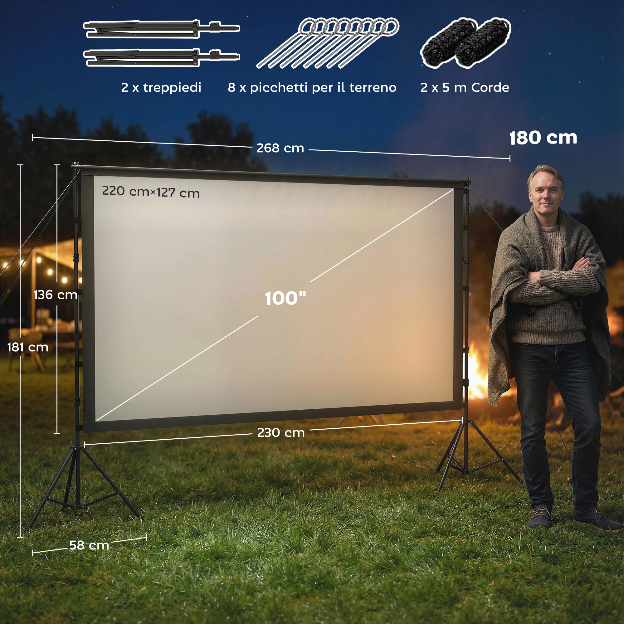 100" 16:9 4K/8K Projection Screen with Dual Foldable Tripods — Portable Double-Sided, 160° Wide-Angle, Indoor/Outdoor, White