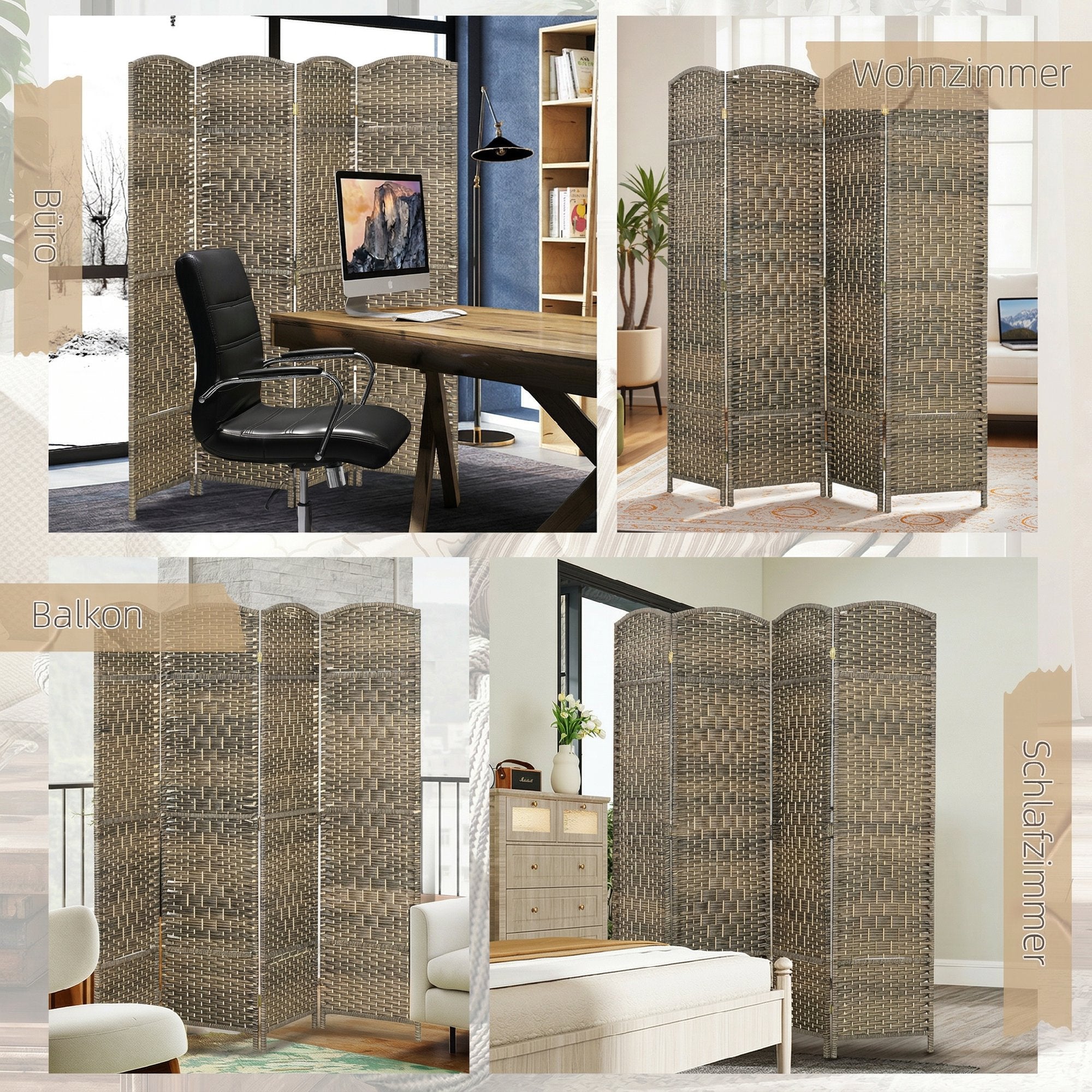 4-Panel Folding Room Divider, 71 x 71 in (180 x 180 cm) – Dark Oak
