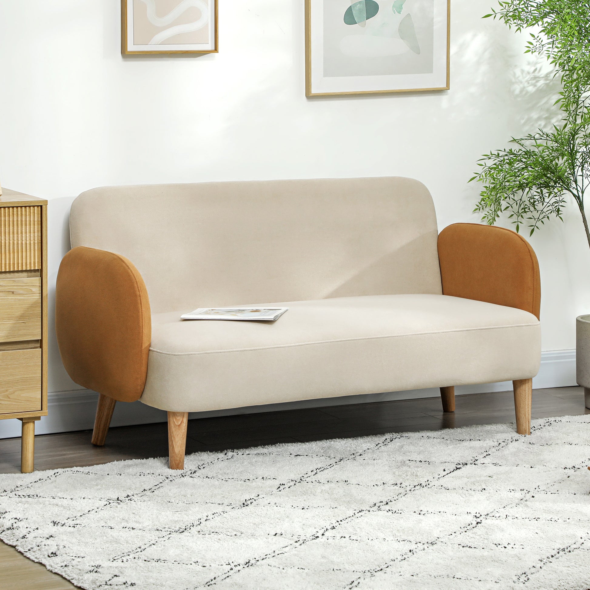 2-Seater Nordic Style Fabric Sofa with Armrests, 21 cm Thick Padding Wooden Legs for Living Room, Lounge, Home and Office, 138x73x74 cm, Cream and Orange
