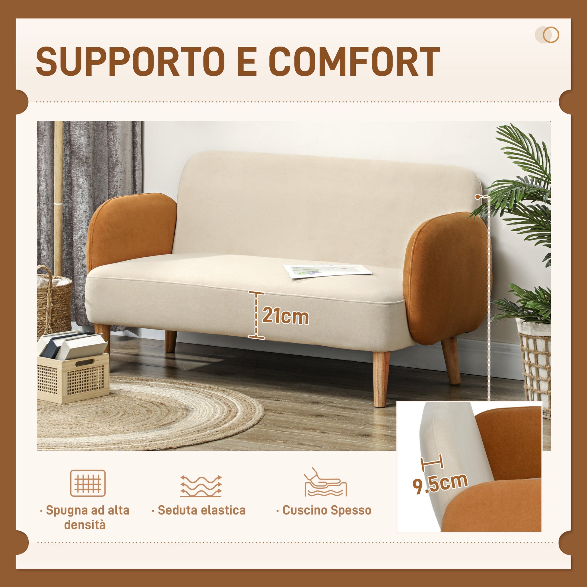 2-Seater Nordic Style Fabric Sofa with Armrests, 21 cm Thick Padding Wooden Legs for Living Room, Lounge, Home and Office, 138x73x74 cm, Cream and Orange
