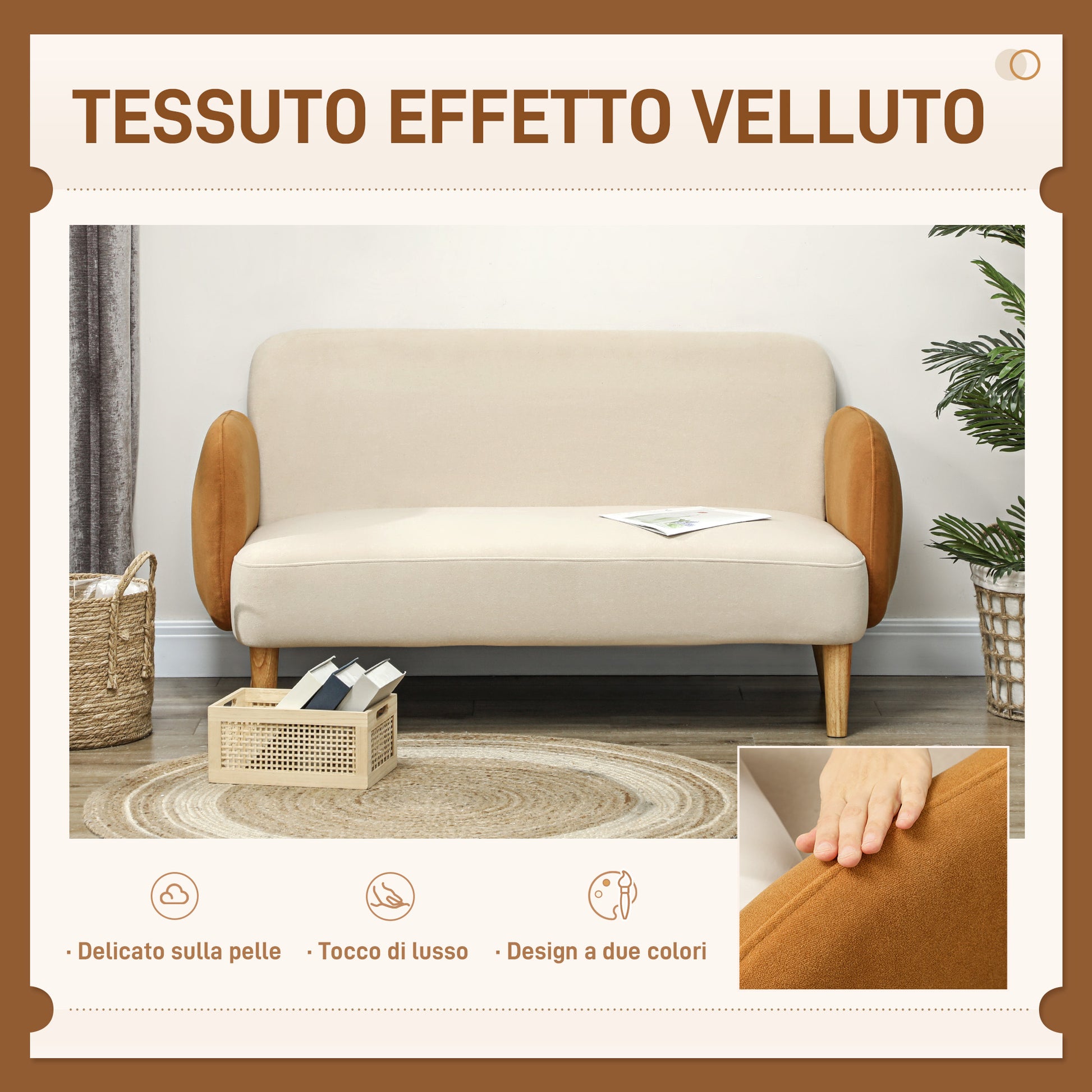 2-Seater Nordic Style Fabric Sofa with Armrests, 21 cm Thick Padding Wooden Legs for Living Room, Lounge, Home and Office, 138x73x74 cm, Cream and Orange