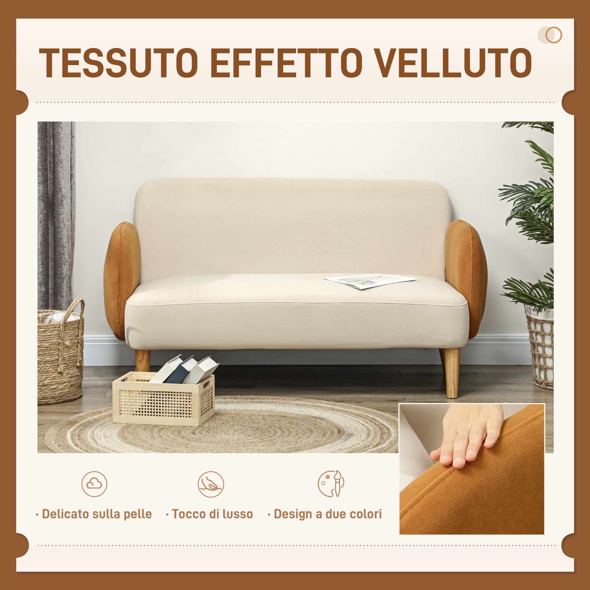 2-Seater Nordic Style Fabric Sofa with Armrests, 21 cm Thick Padding Wooden Legs for Living Room, Lounge, Home and Office, 138x73x74 cm, Cream and Orange