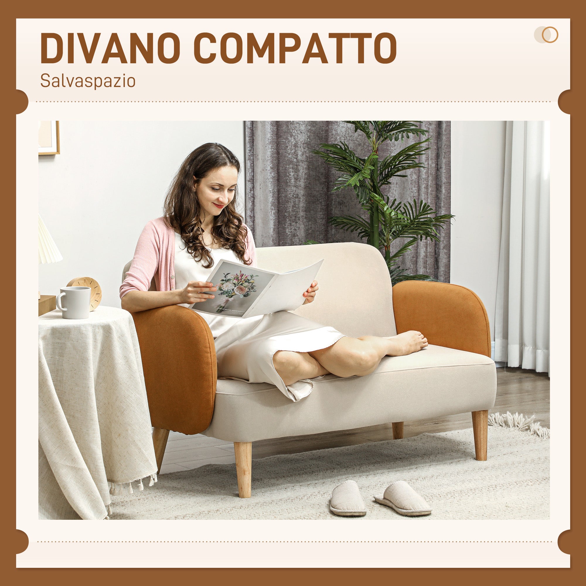 2-Seater Nordic Style Fabric Sofa with Armrests, 21 cm Thick Padding Wooden Legs for Living Room, Lounge, Home and Office, 138x73x74 cm, Cream and Orange