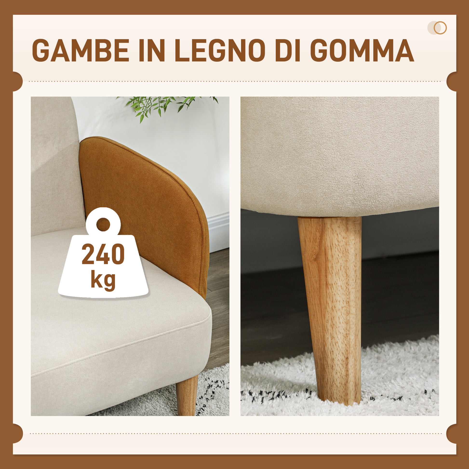 2-Seater Nordic Style Fabric Sofa with Armrests, 21 cm Thick Padding Wooden Legs for Living Room, Lounge, Home and Office, 138x73x74 cm, Cream and Orange