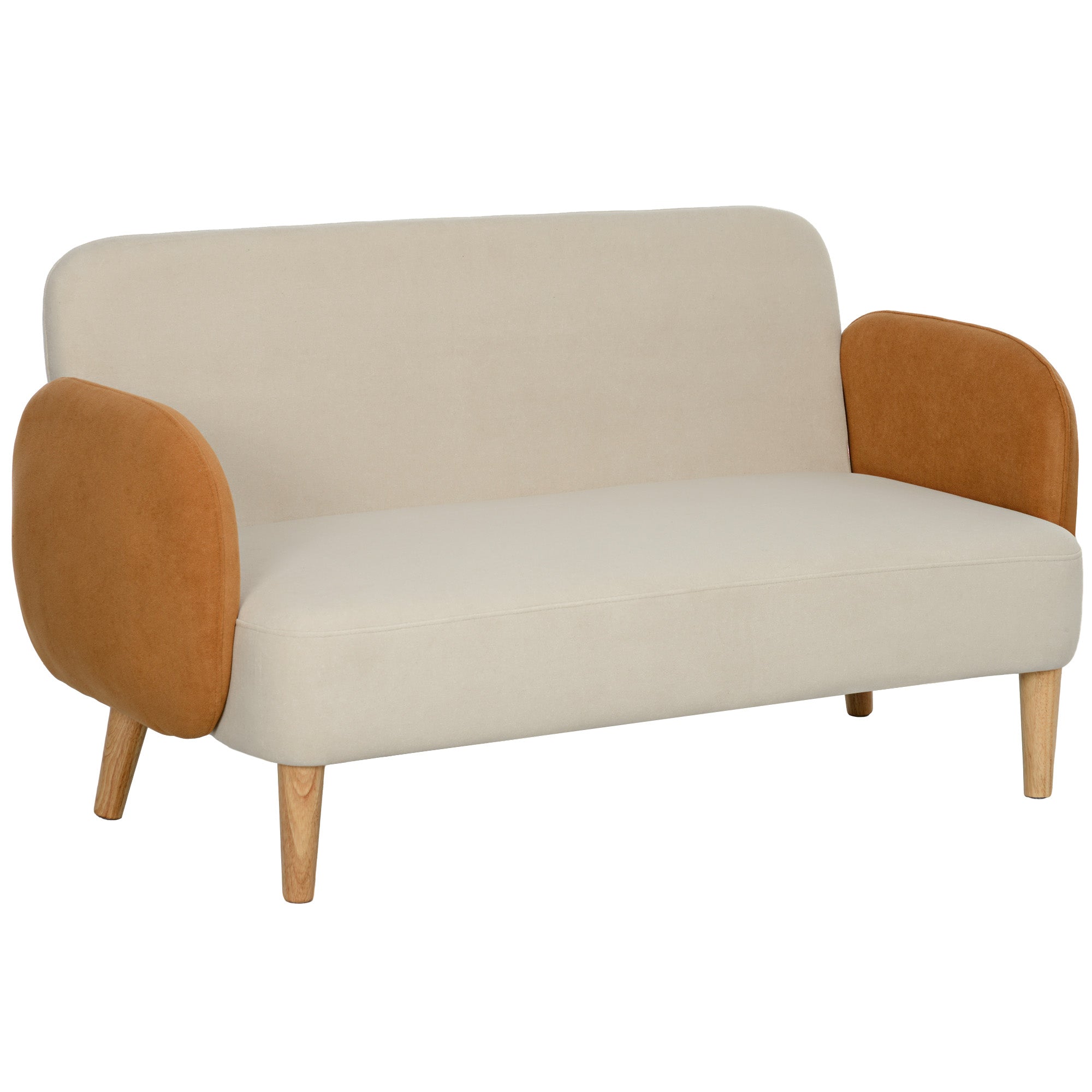 2-Seater Nordic Style Fabric Sofa with Armrests, 21 cm Thick Padding Wooden Legs for Living Room, Lounge, Home and Office, 138x73x74 cm, Cream and Orange