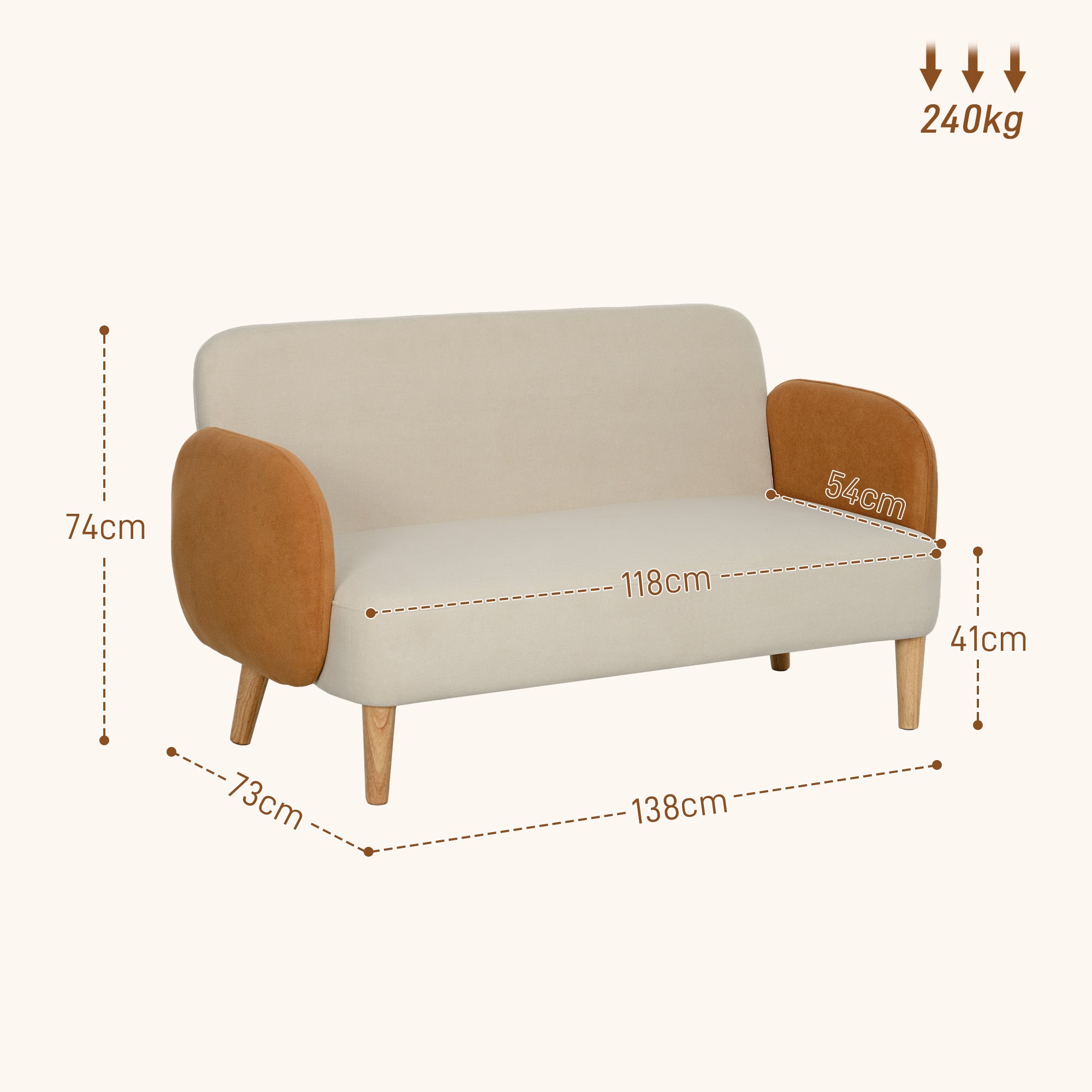 2-Seater Nordic Style Fabric Sofa with Armrests, 21 cm Thick Padding Wooden Legs for Living Room, Lounge, Home and Office, 138x73x74 cm, Cream and Orange