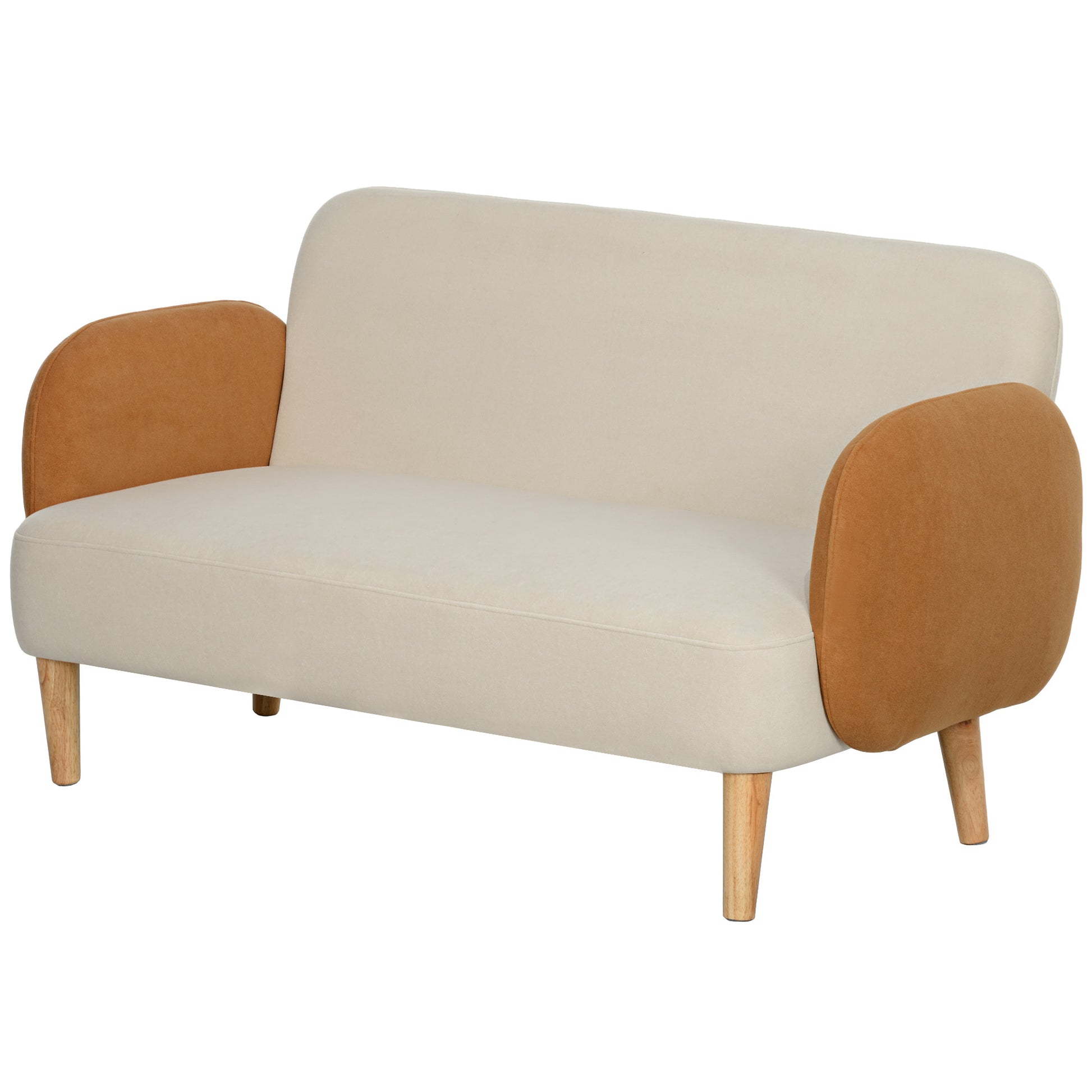 2-Seater Nordic Style Fabric Sofa with Armrests, 21 cm Thick Padding Wooden Legs for Living Room, Lounge, Home and Office, 138x73x74 cm, Cream and Orange