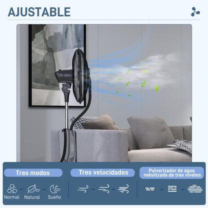 Misting Fan Pedestal Fan with Water Oscillating 90 W Timer 3L Tank Remote Control 3 Speeds 5 Blades and LED Screen Ø44.5 cm Black