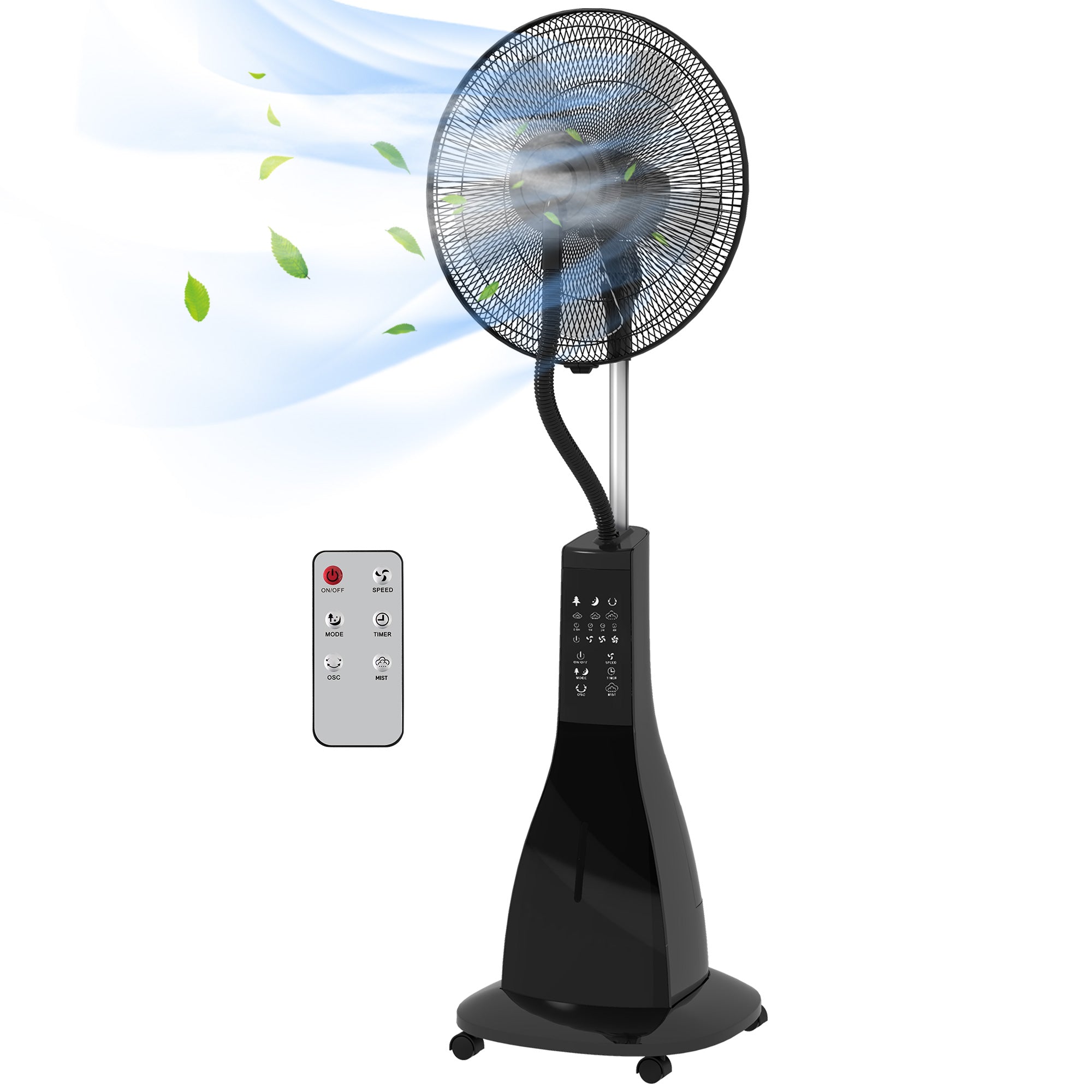 Misting Fan Pedestal Fan with Water Oscillating 90 W Timer 3L Tank Remote Control 3 Speeds 5 Blades and LED Screen Ø44.5 cm Black