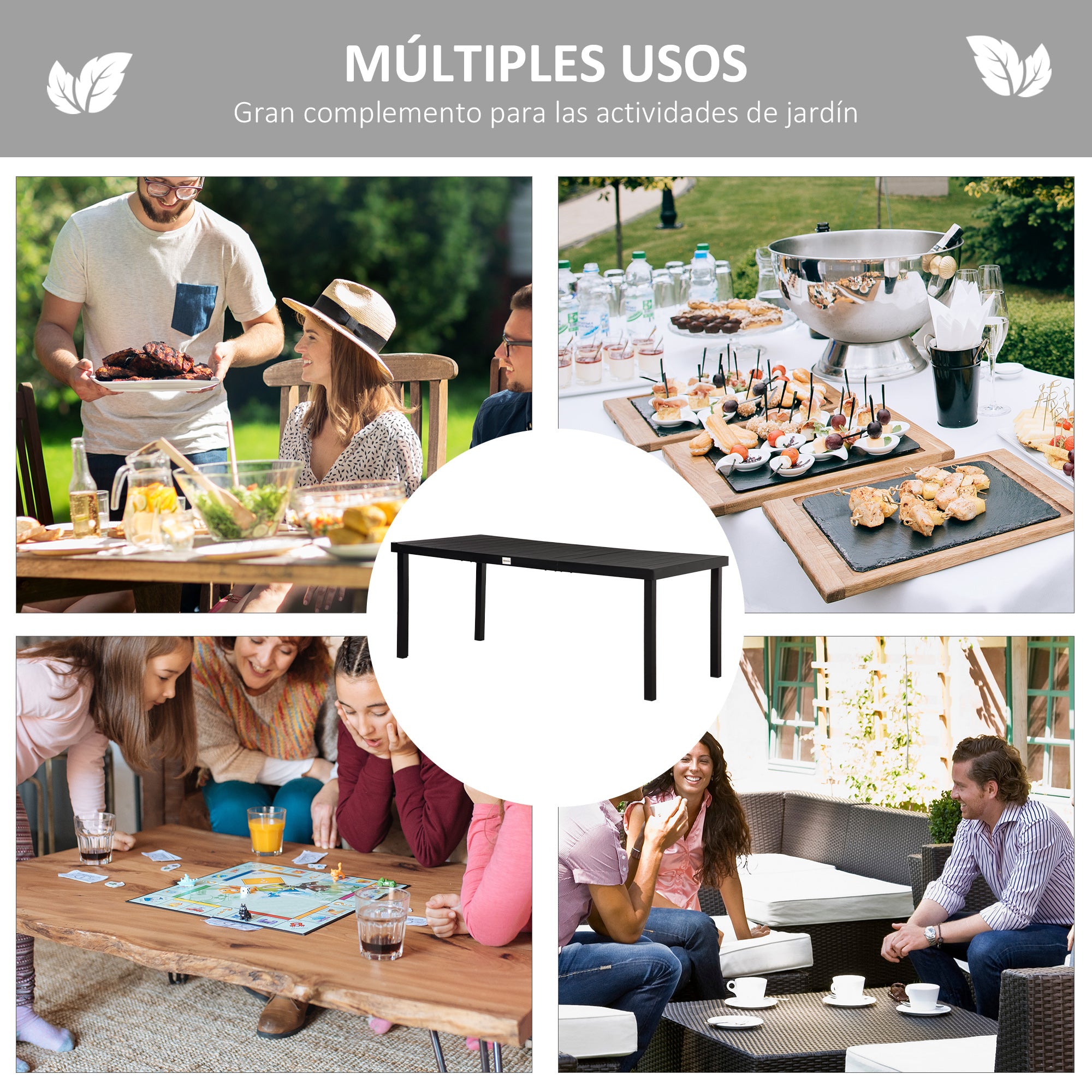 Aluminum Outdoor Dining Table Garden Table for 8 People with Slatted Tabletop for Terrace Balcony 190x90x74 cm Black