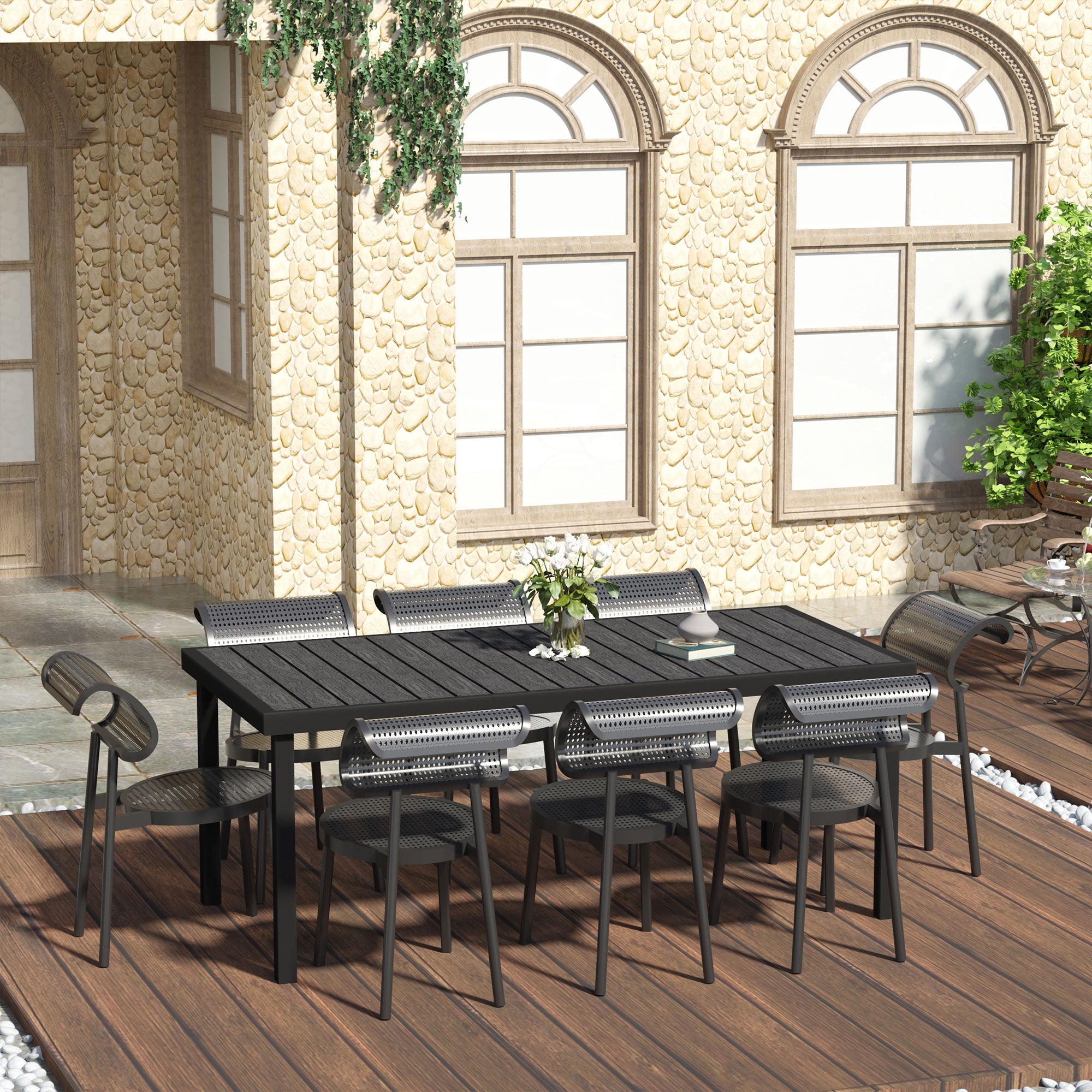 Aluminum Outdoor Dining Table Garden Table for 8 People with Slatted Tabletop for Terrace Balcony 190x90x74 cm Black