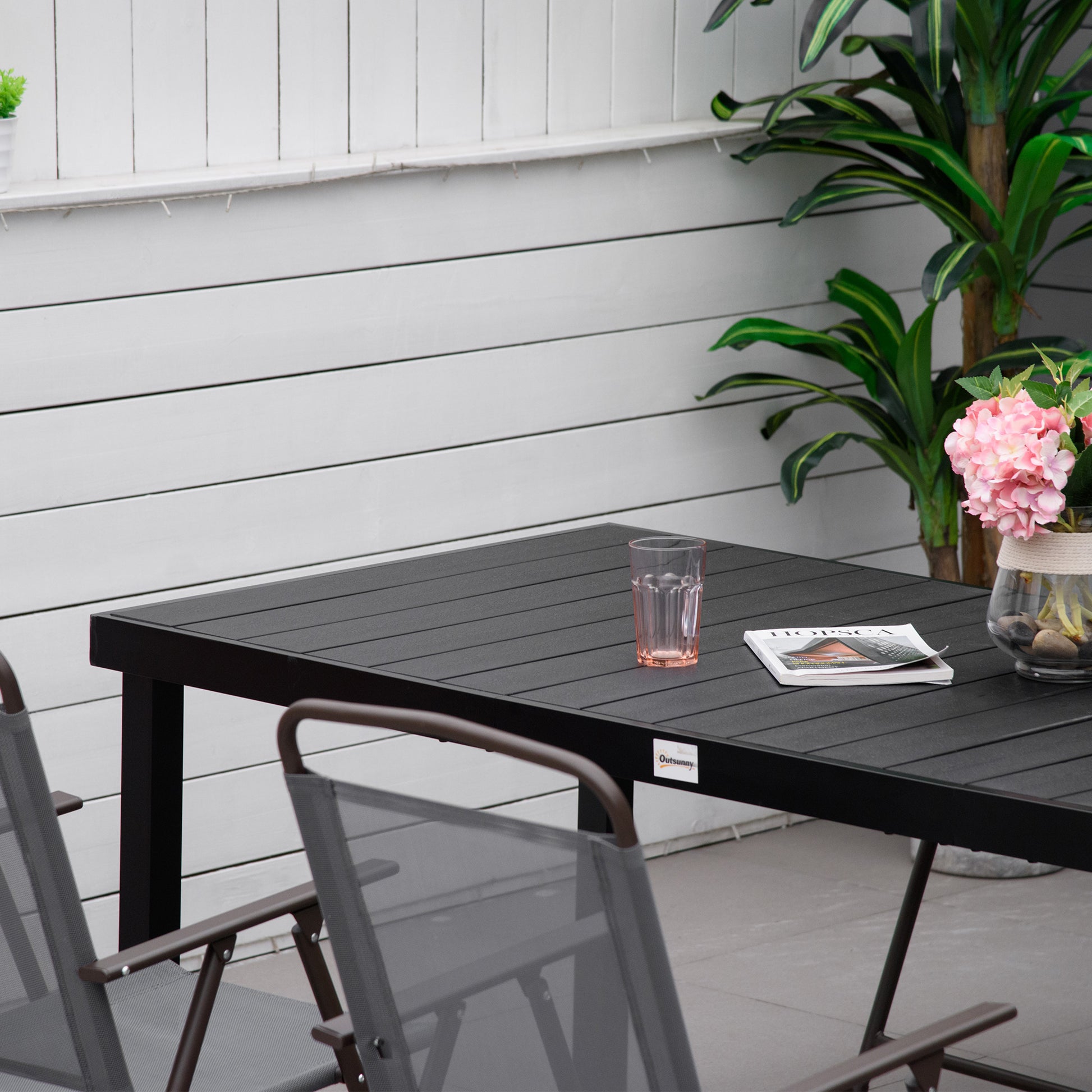 Aluminum Outdoor Dining Table Garden Table for 8 People with Slatted Tabletop for Terrace Balcony 190x90x74 cm Black