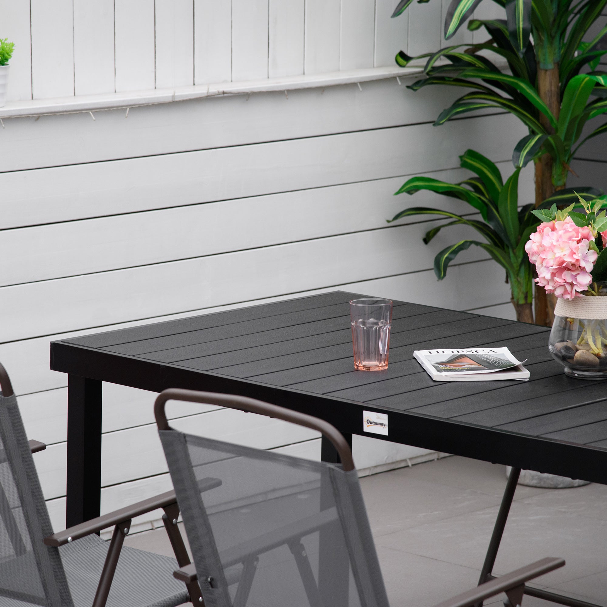 Aluminum Outdoor Dining Table Garden Table for 8 People with Slatted Tabletop for Terrace Balcony 190x90x74 cm Black