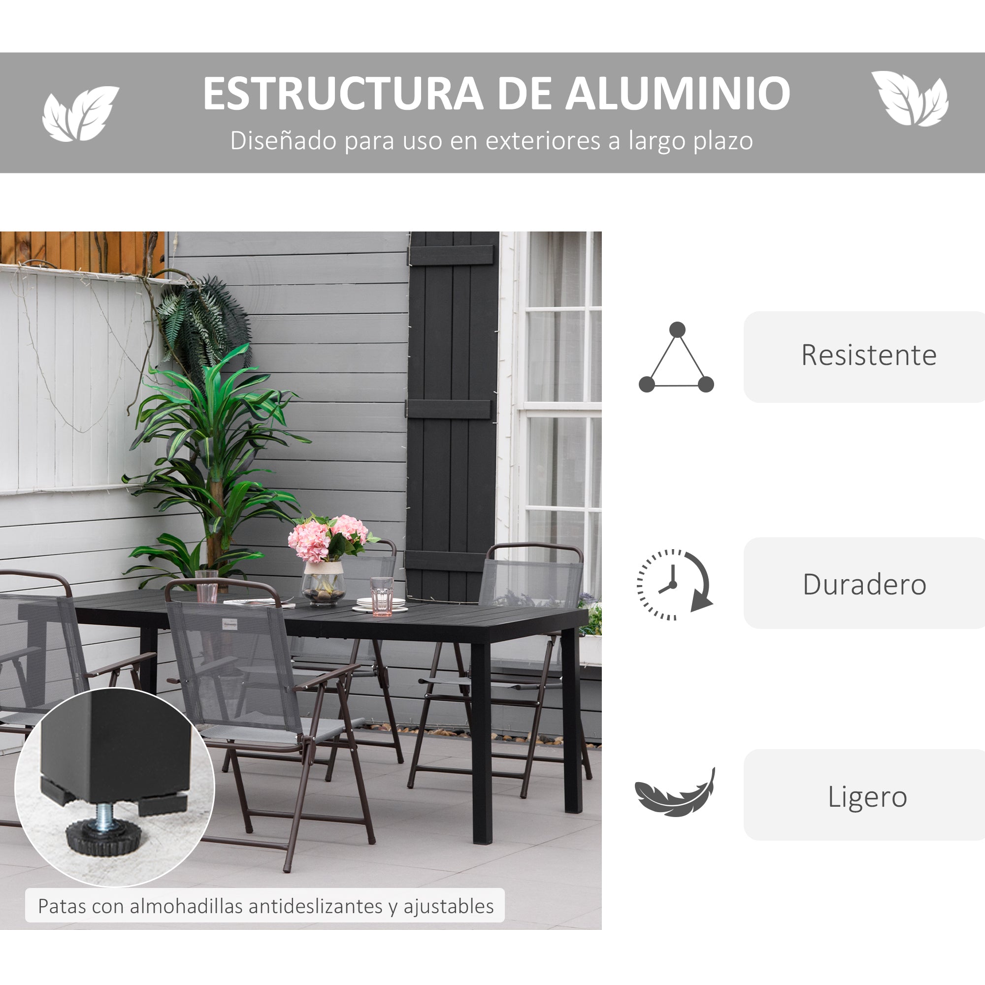 Aluminum Outdoor Dining Table Garden Table for 8 People with Slatted Tabletop for Terrace Balcony 190x90x74 cm Black