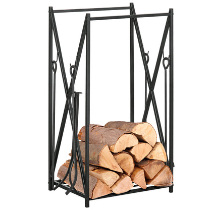 Fireplace Log Rack 46x30x76 Wood Holder with 4 Tools Steel Frame Stable Load 100 kg for Outdoor and Indoor Black