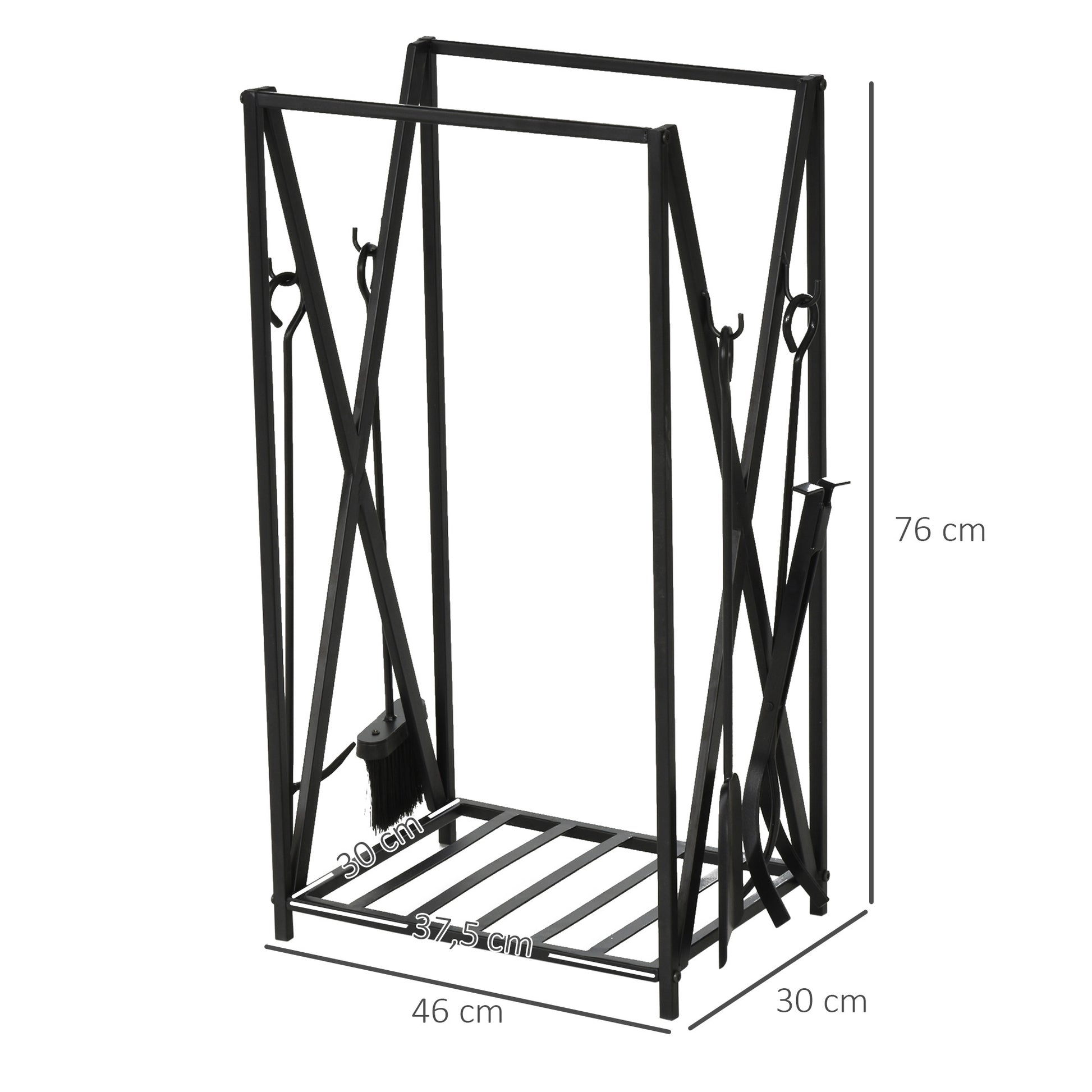 Fireplace Log Rack 46x30x76 Wood Holder with 4 Tools Steel Frame Stable Load 100 kg for Outdoor and Indoor Black