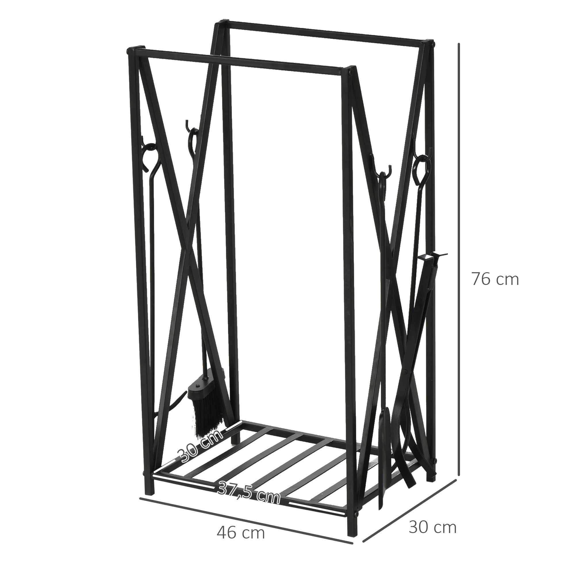 Fireplace Log Rack 46x30x76 Wood Holder with 4 Tools Steel Frame Stable Load 100 kg for Outdoor and Indoor Black