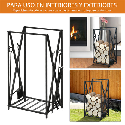 Fireplace Log Rack 46x30x76 Wood Holder with 4 Tools Steel Frame Stable Load 100 kg for Outdoor and Indoor Black