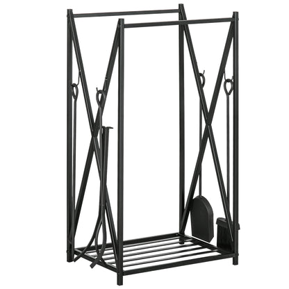 Fireplace Log Rack 46x30x76 Wood Holder with 4 Tools Steel Frame Stable Load 100 kg for Outdoor and Indoor Black