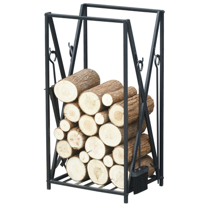 Fireplace Log Rack 46x30x76 Wood Holder with 4 Tools Steel Frame Stable Load 100 kg for Outdoor and Indoor Black