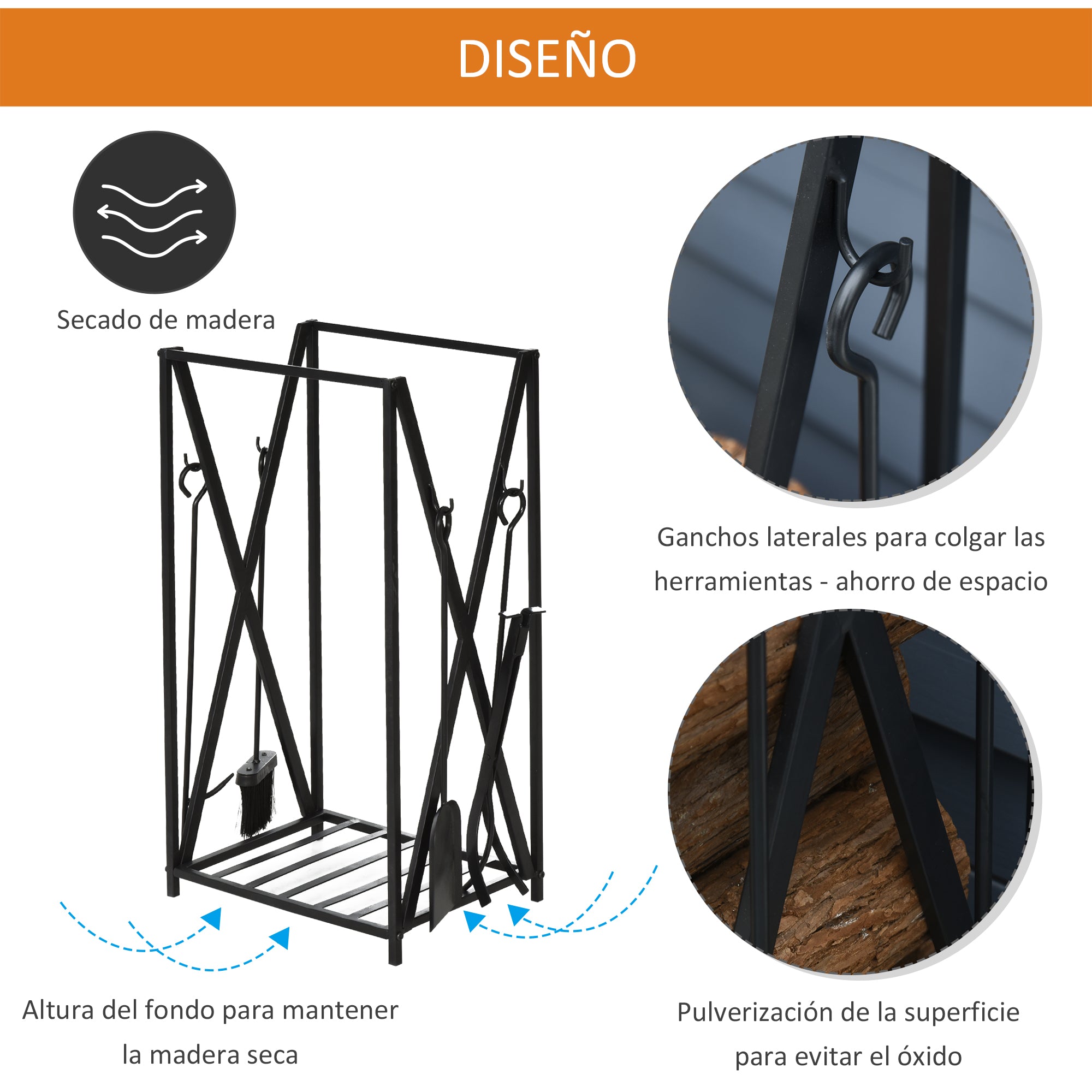 Fireplace Log Rack 46x30x76 Wood Holder with 4 Tools Steel Frame Stable Load 100 kg for Outdoor and Indoor Black