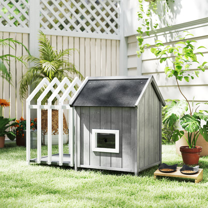 Outdoor Wooden Dog House with Terrace and Barrier, Dog Outdoor House with Sliding Door and Pointed Bitumen Roof, for Garden, Yard, Veranda, Patio, 106 x 62.5 x 80.5 cm, Gray